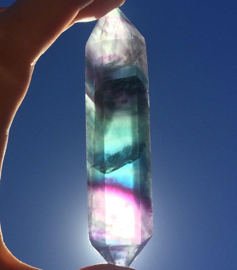 IMPRESSIVE LARGE SIZE! RAINBOW FLUORITE Wand Green & Purple Faceted Point DT!
