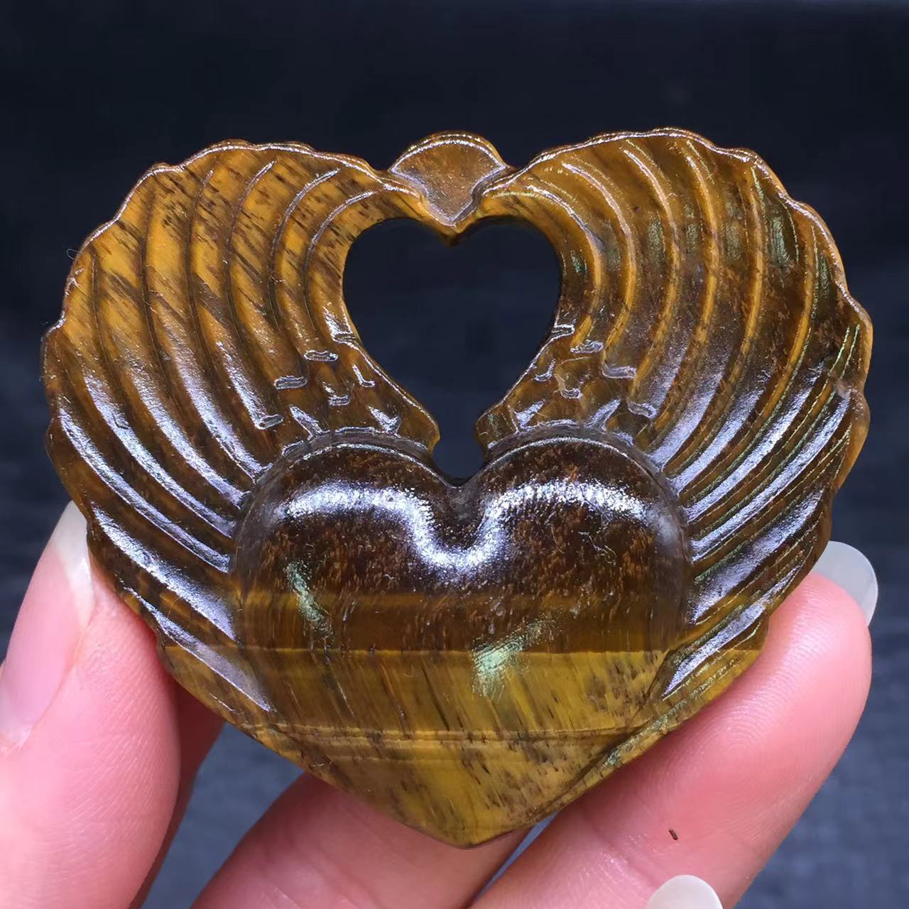 Natural Tiger’s Eye Quartz Crystal Carved Angel Wing Heart Reiki Healing Dec 1Pc