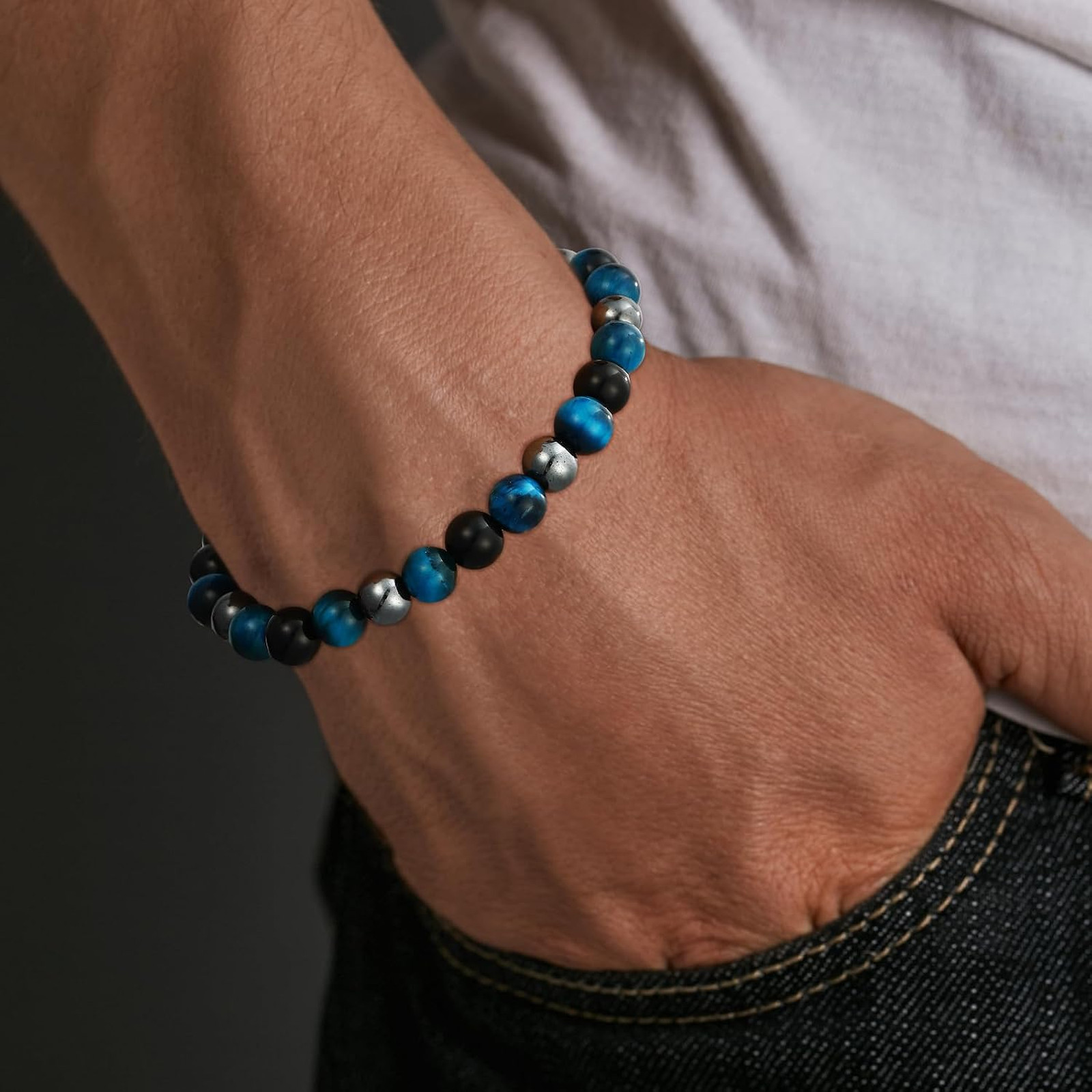 Healing Crystal Bracelet Men, Hematite Black Obsidian Tiger Eye Beaded, Size