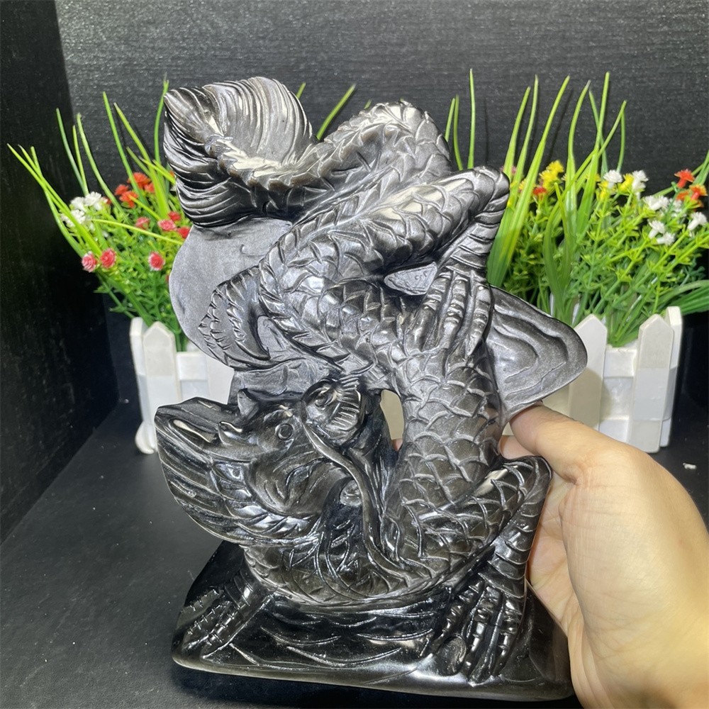 3LB 8″ Natural Silver Obsidian Dragon Carved Crystal Quartz Mineral Statue