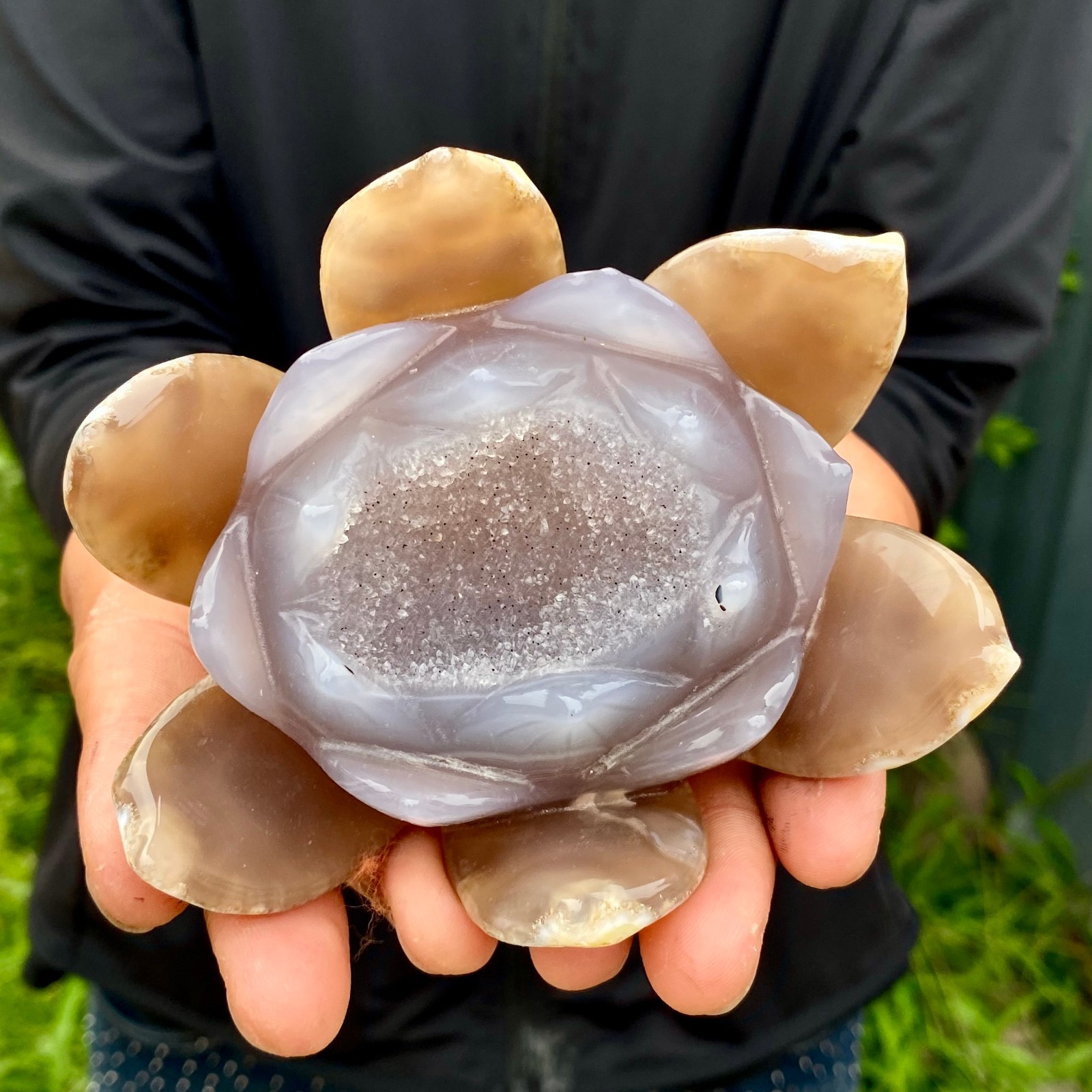 414G Natural Agate Geode Carved Lotus Flower, Hand Carved Healing Crystal Hom