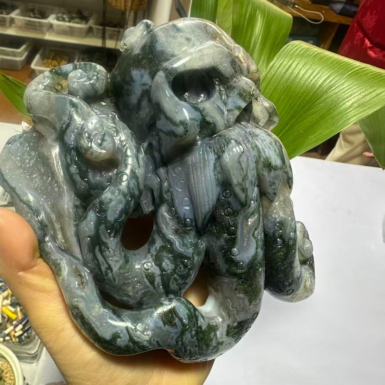4.33LB Natural Moss Agate Quartz Carved Octopus Skull Crystal Healing Decor