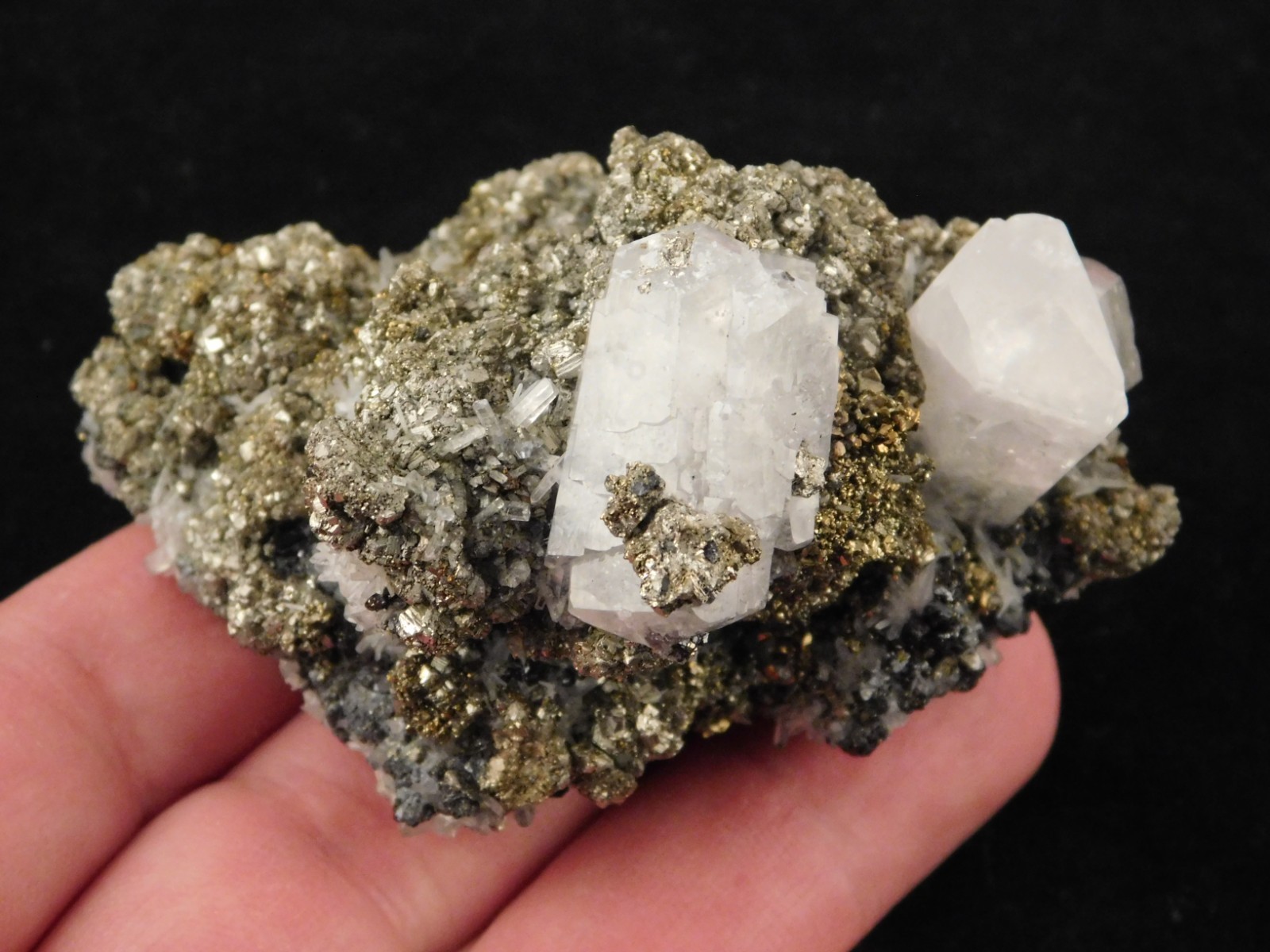 FLUORESCENT Calcite Crystal Cluster with Druzy Pyrite Crystals Peru 161gr