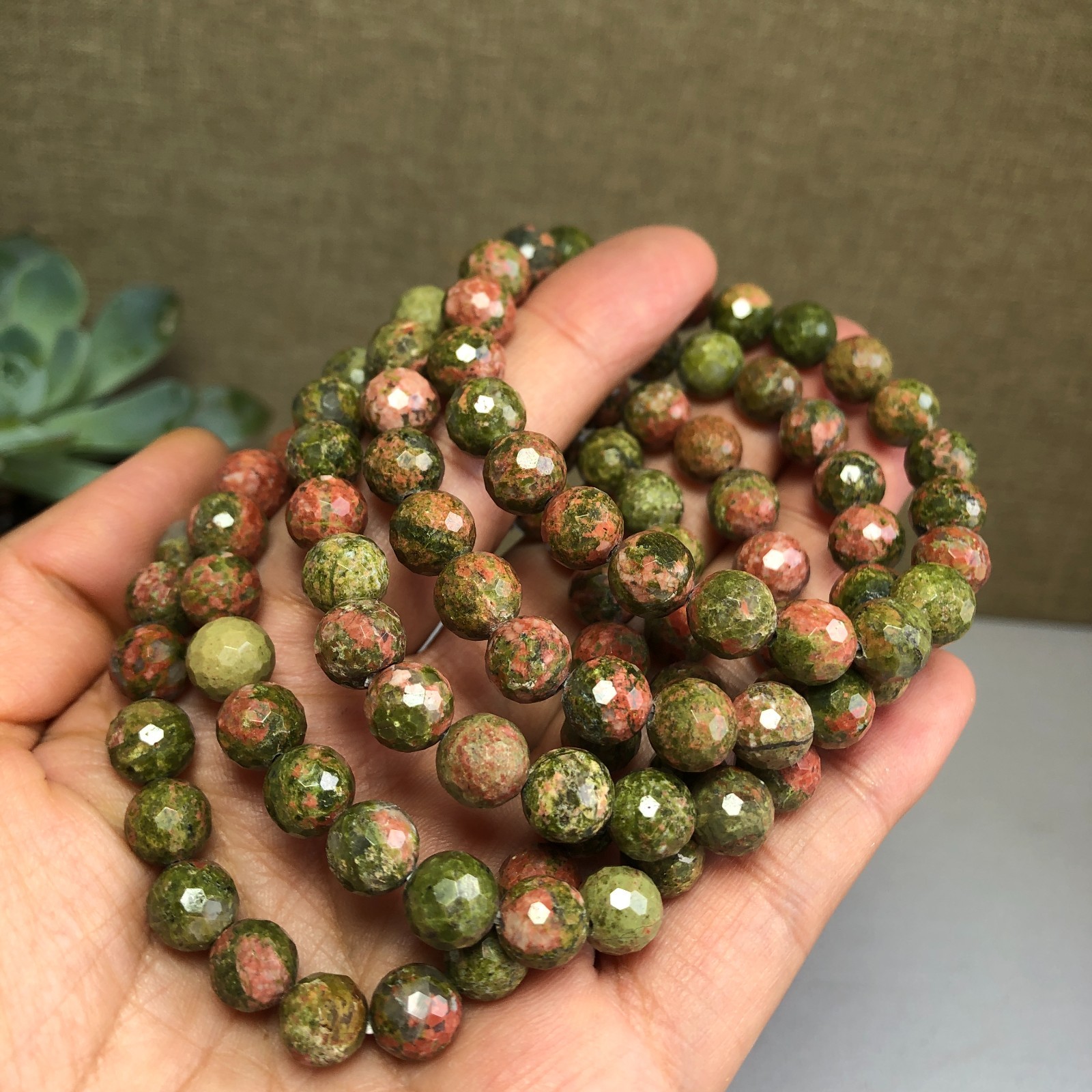 5PcsWholesal Natural Unakite Agate Stone bracelets Crystal ball sphere facet 8mm