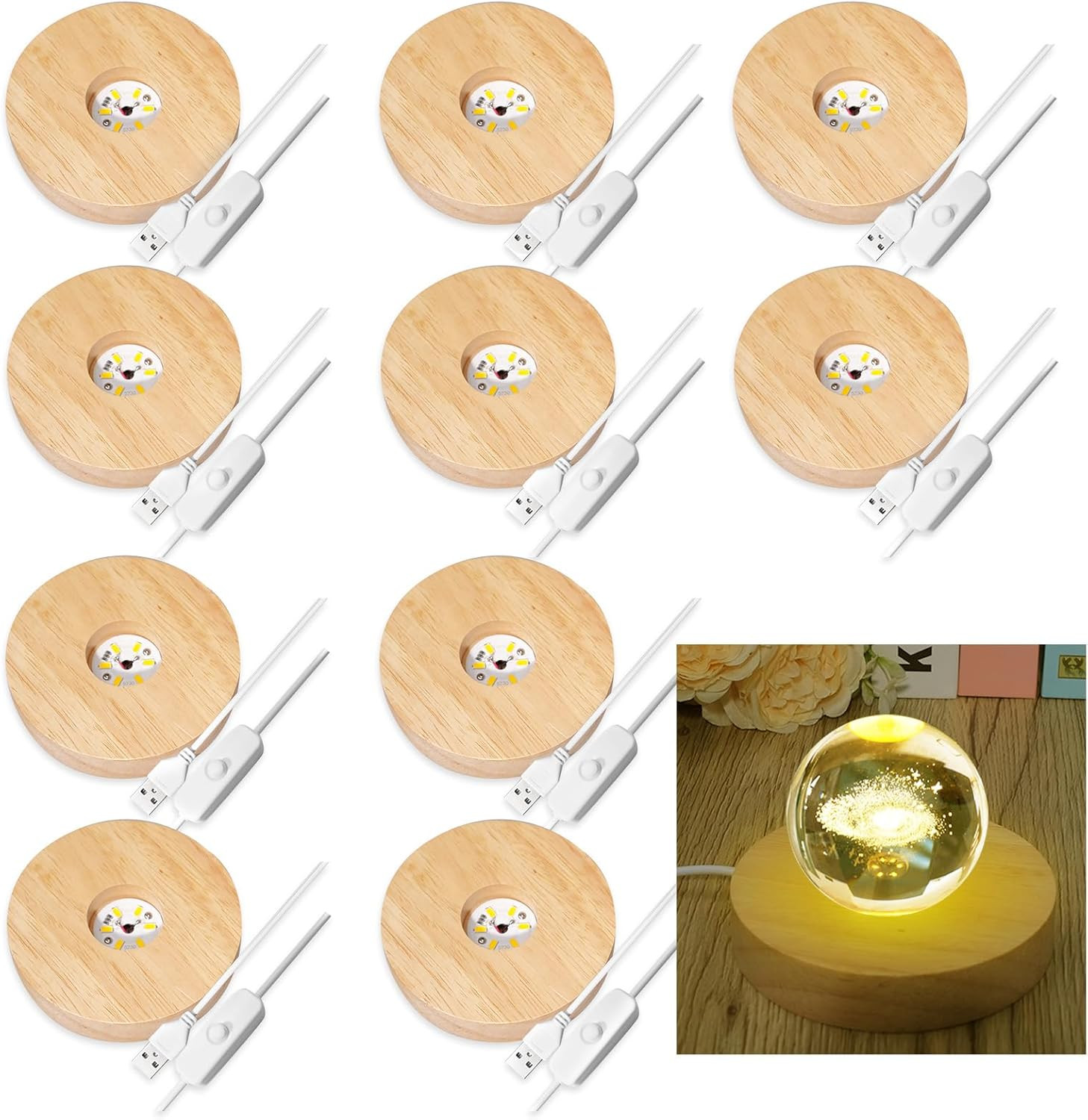 10 Pcs Wooden LED Display Bases Round Wood Display Lighted Bases for Glass Art L