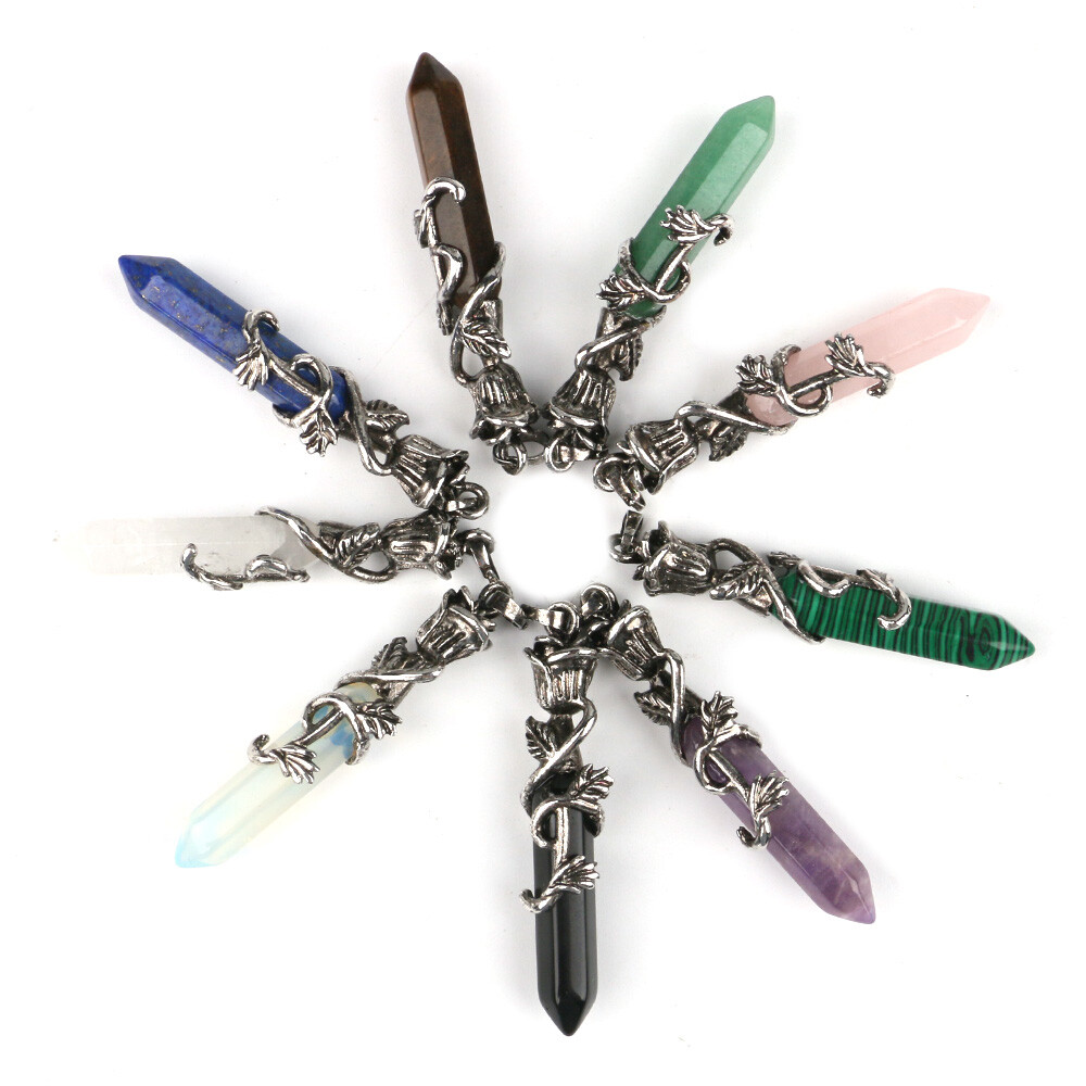 Natural Crystal Hexagonal Column Double Point Pendant Rose Flower Wrapped Chakra