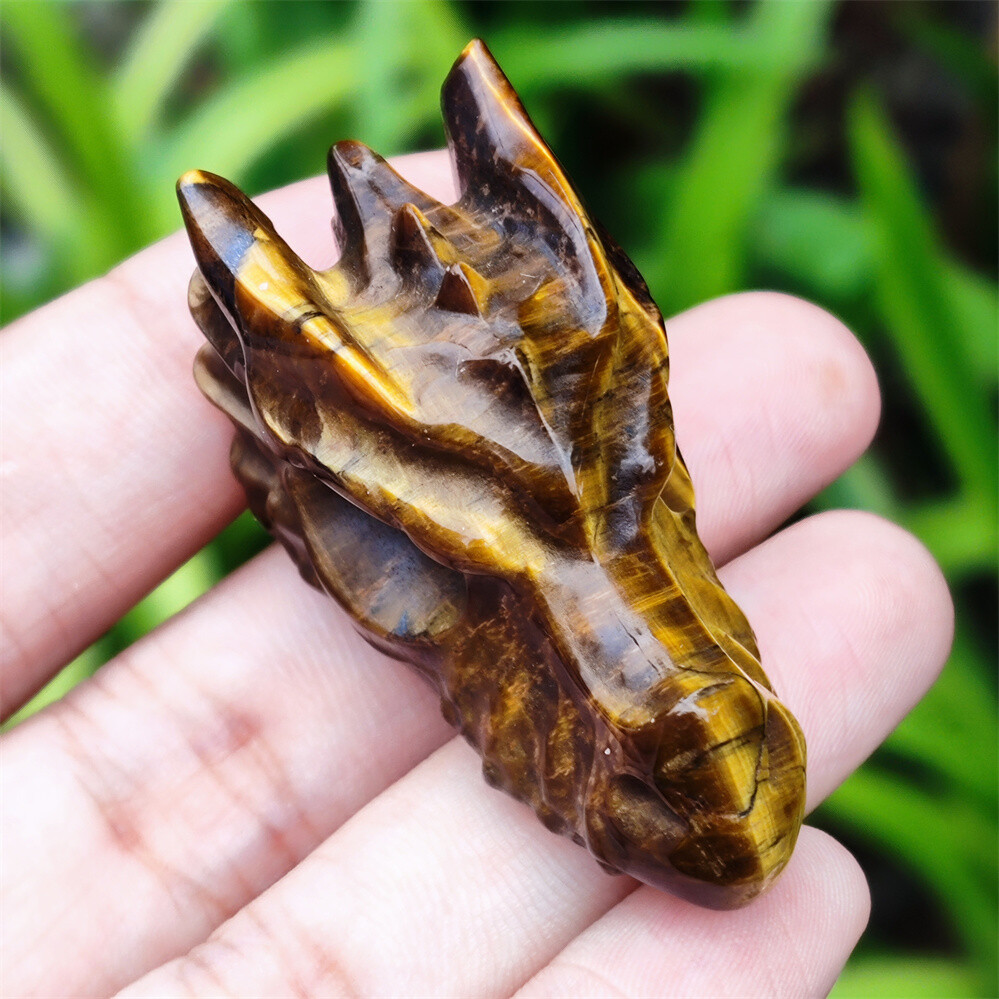 1PCS Natural Hand Carved Tiger’s Eye Dragon Quartz Skull Crystal Reiki Healing