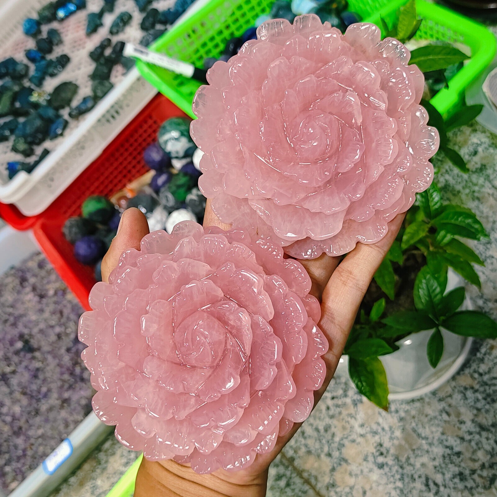 1pc Natural Pink Rose Quartz Carved Flower Skull Crystal Reiki Healing Decor