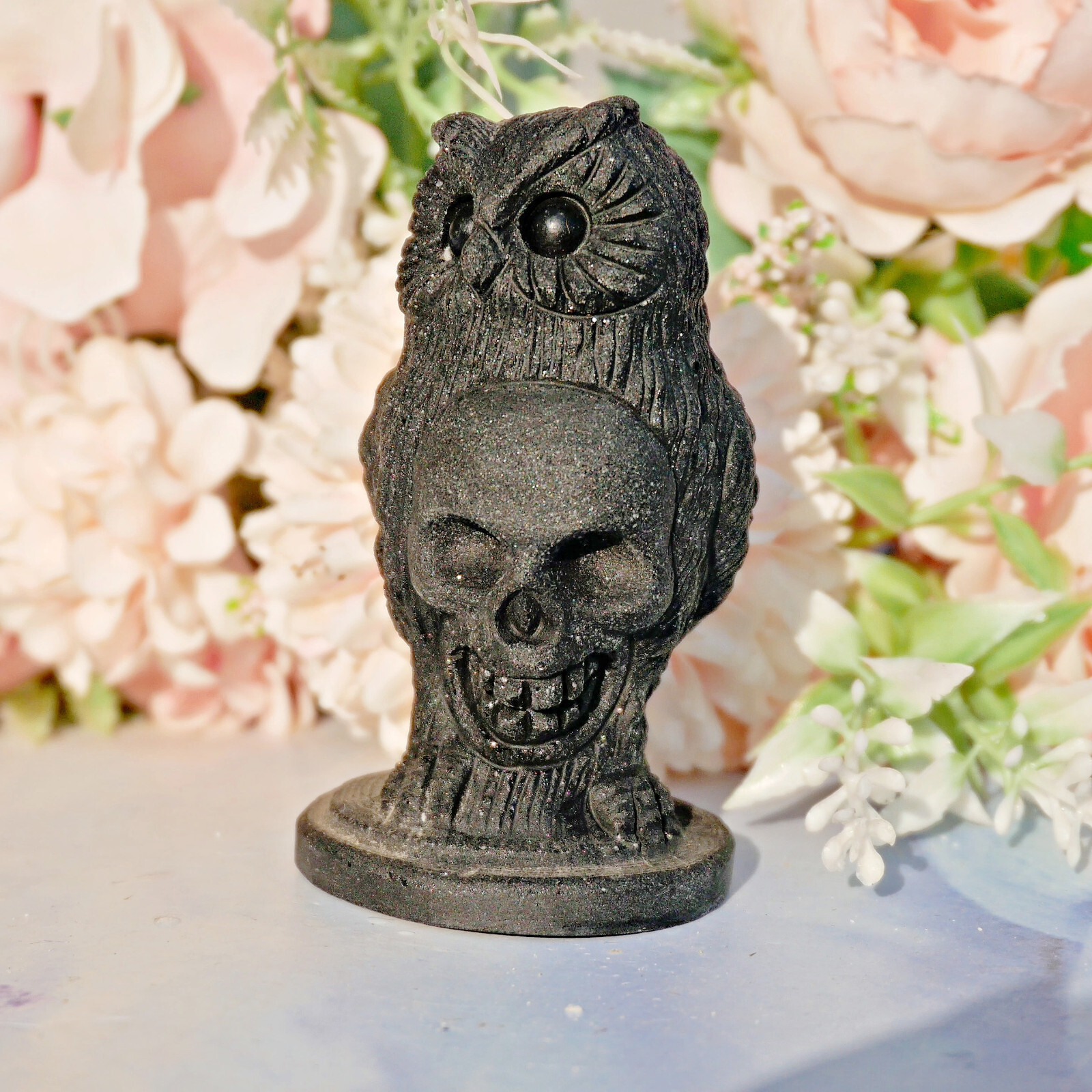 Genuine Black Obsidian Hand Carved Owl With Skull Face Halloween Decor Gift 2.9″