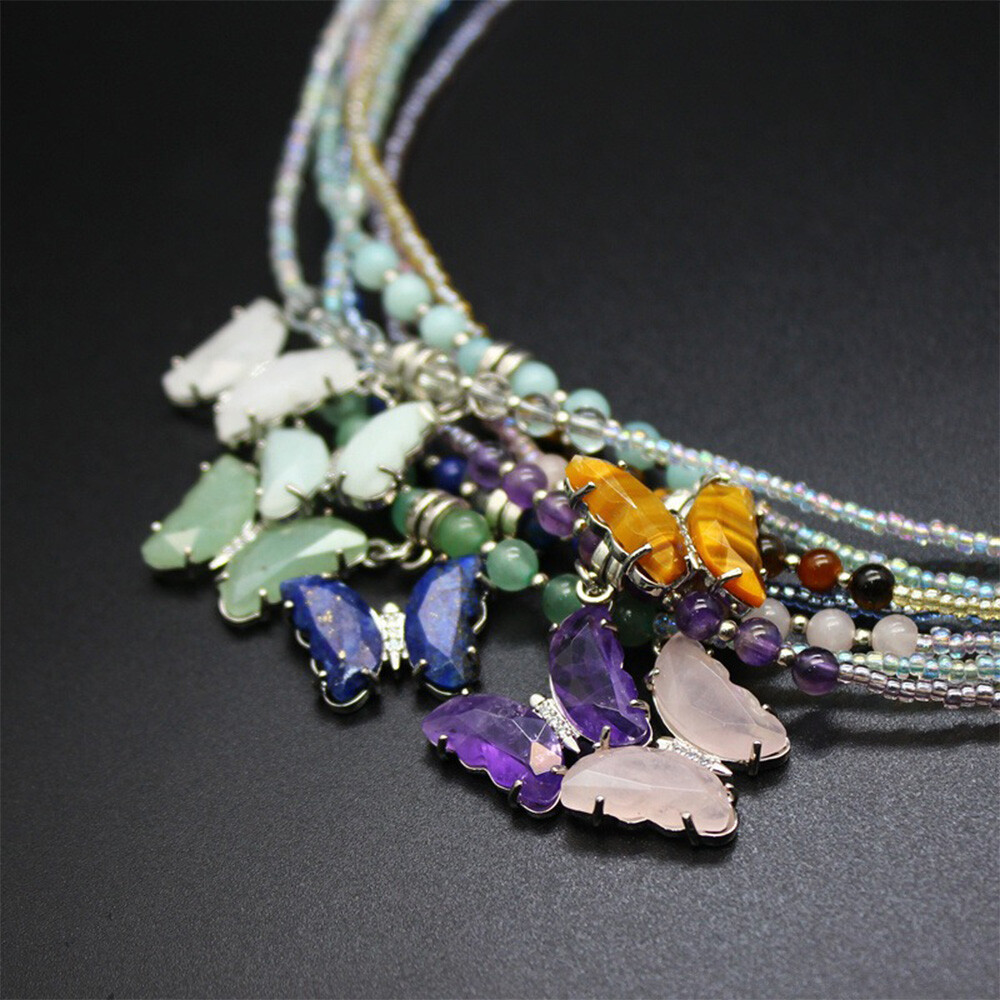 Natural Butterfly Pendant Crystal Beads Necklace Chakra Quartz Chain Reiki Gifts