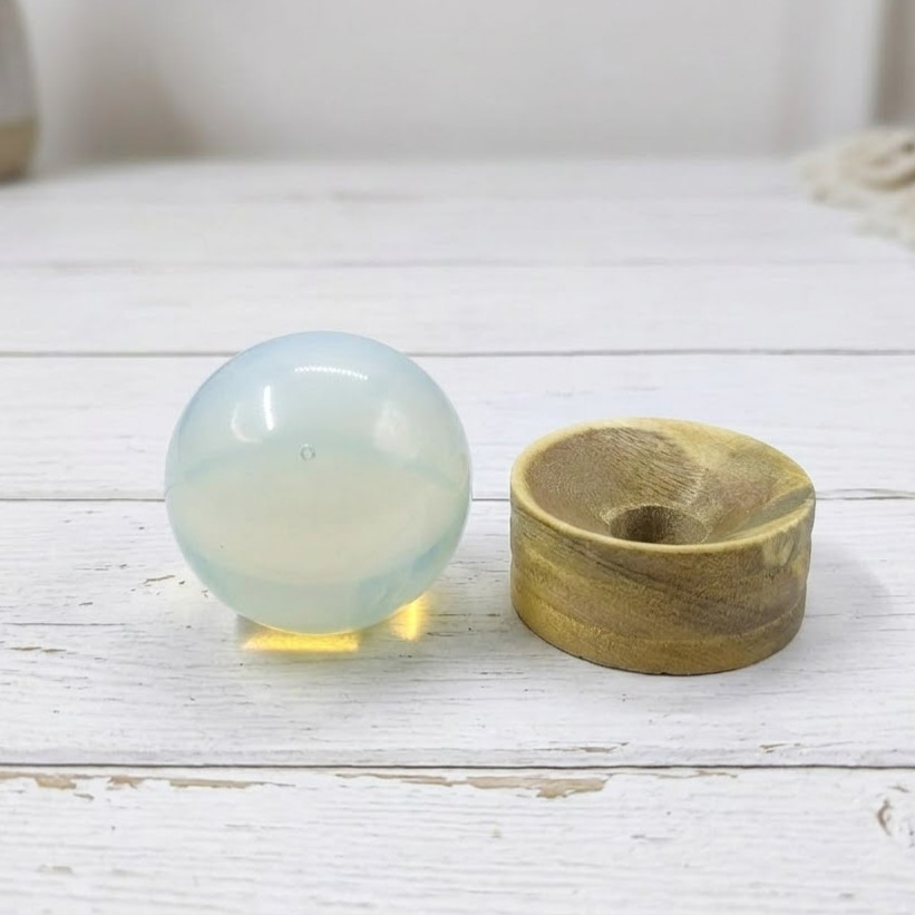 Opalite Crystal Sphere with Wooden Stand, Crown Chakra Healing Certified Crystal