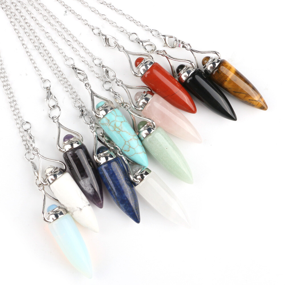 Natural Crystal Point Bullet Cone Chakra Chain Pendulum Stone Dowsing Pendant