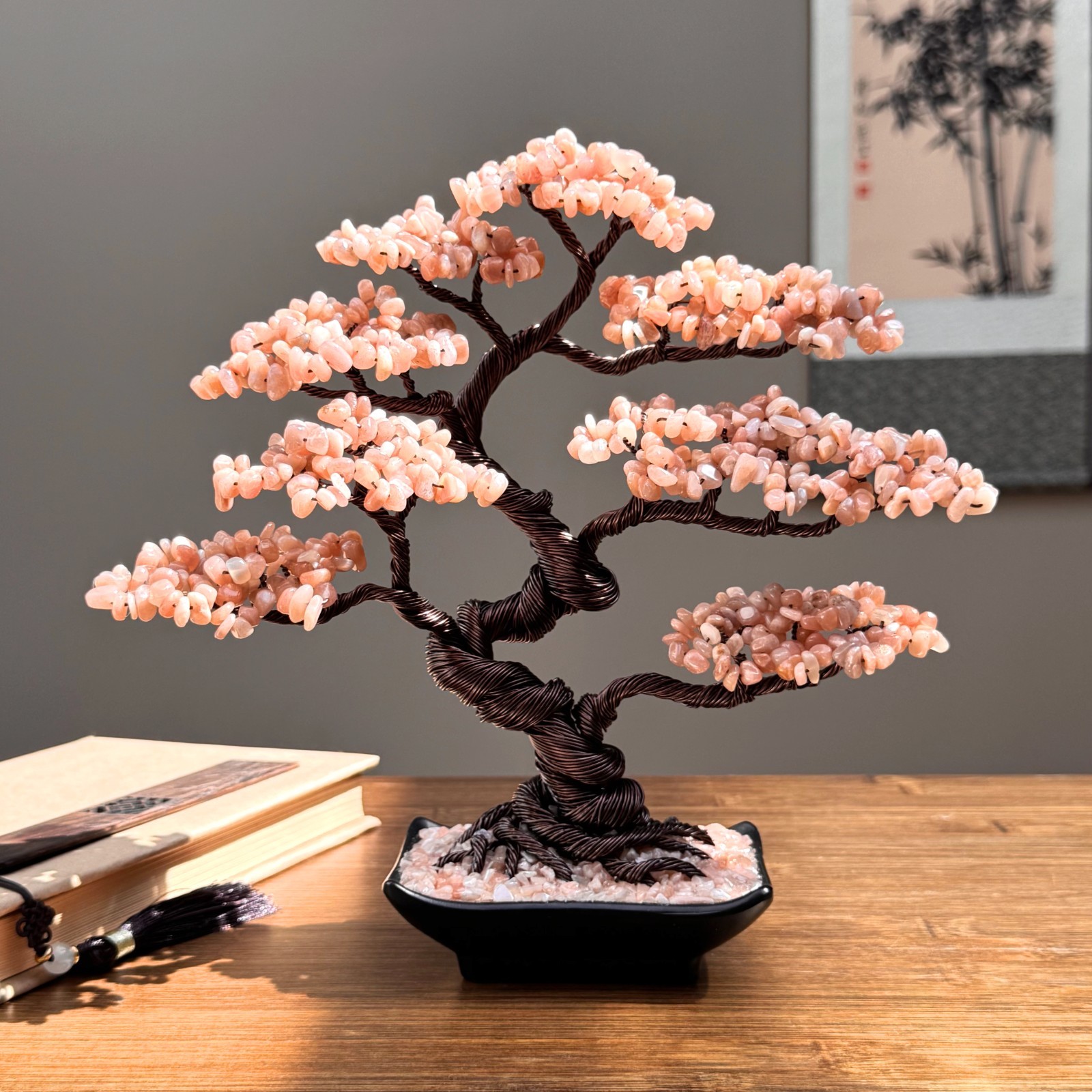 Peach Moonstone Crystal Bonsai Tree Of Life Energy Tree Gemstone tree