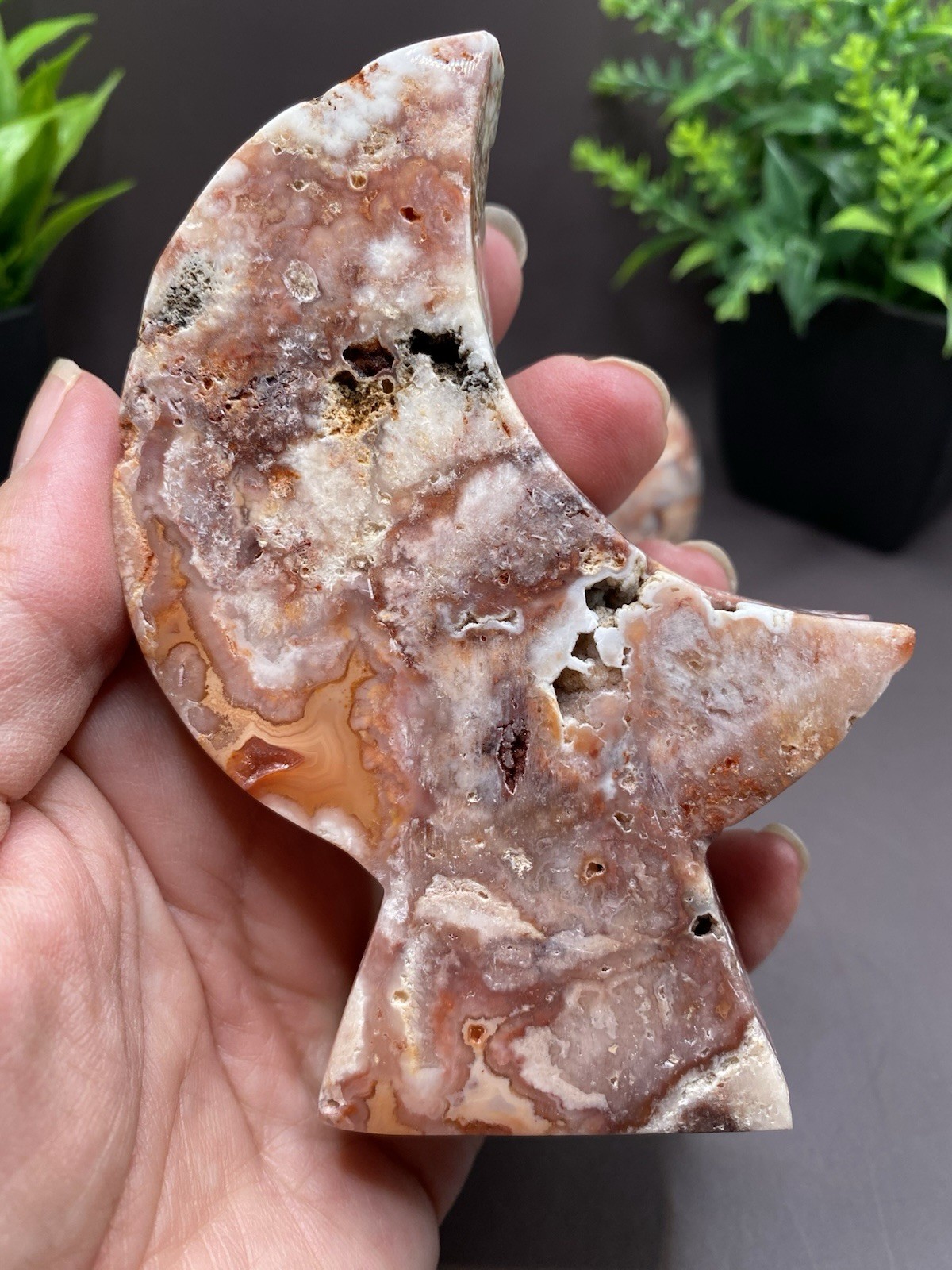 Druzy Mexican Crazy Lace Agate Hand Carved Moon 224g 4.2” & Sphere 187g 53mm