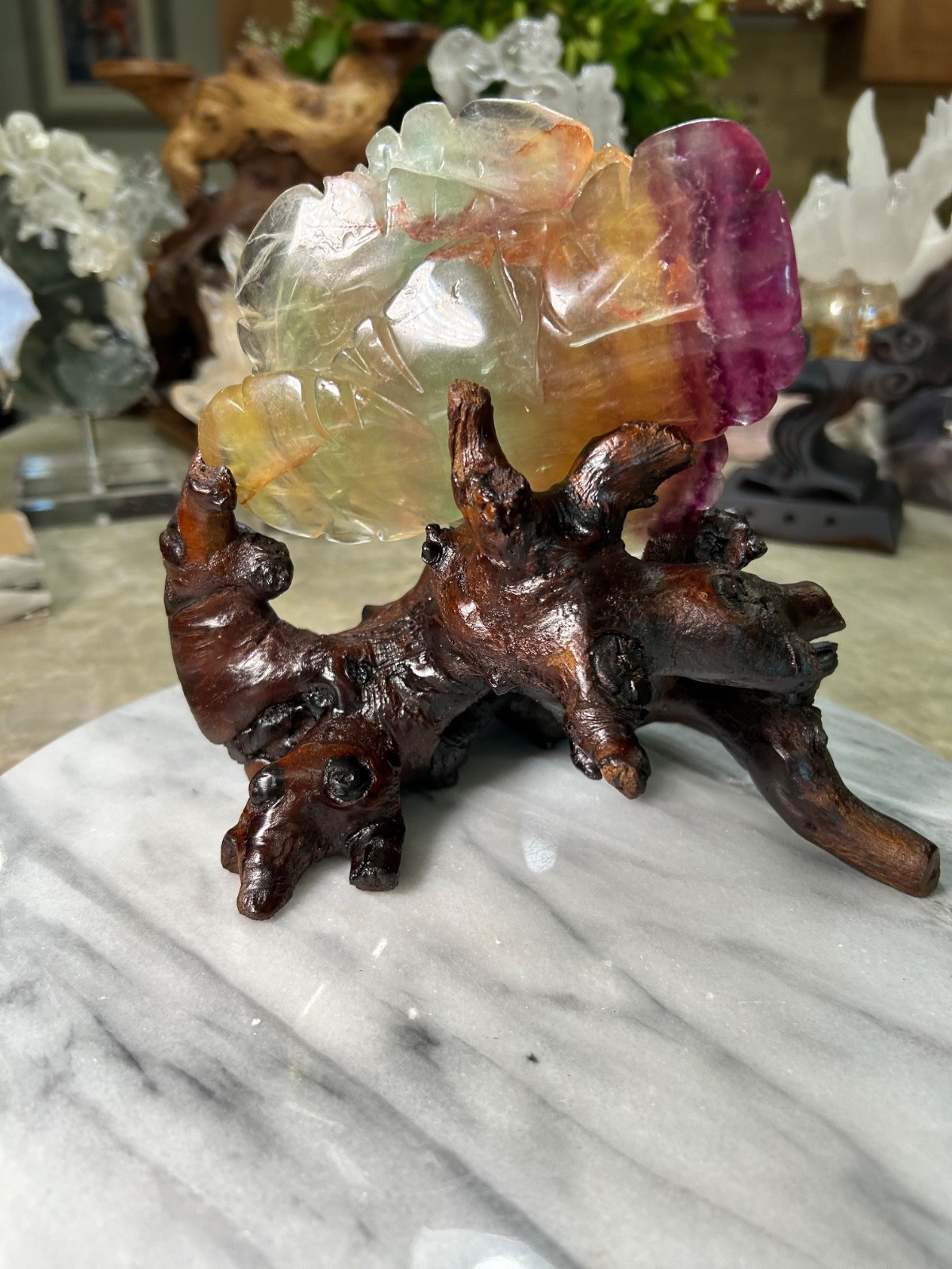 Candy Fluorite Crystal flower rose Carving on wood branch stand