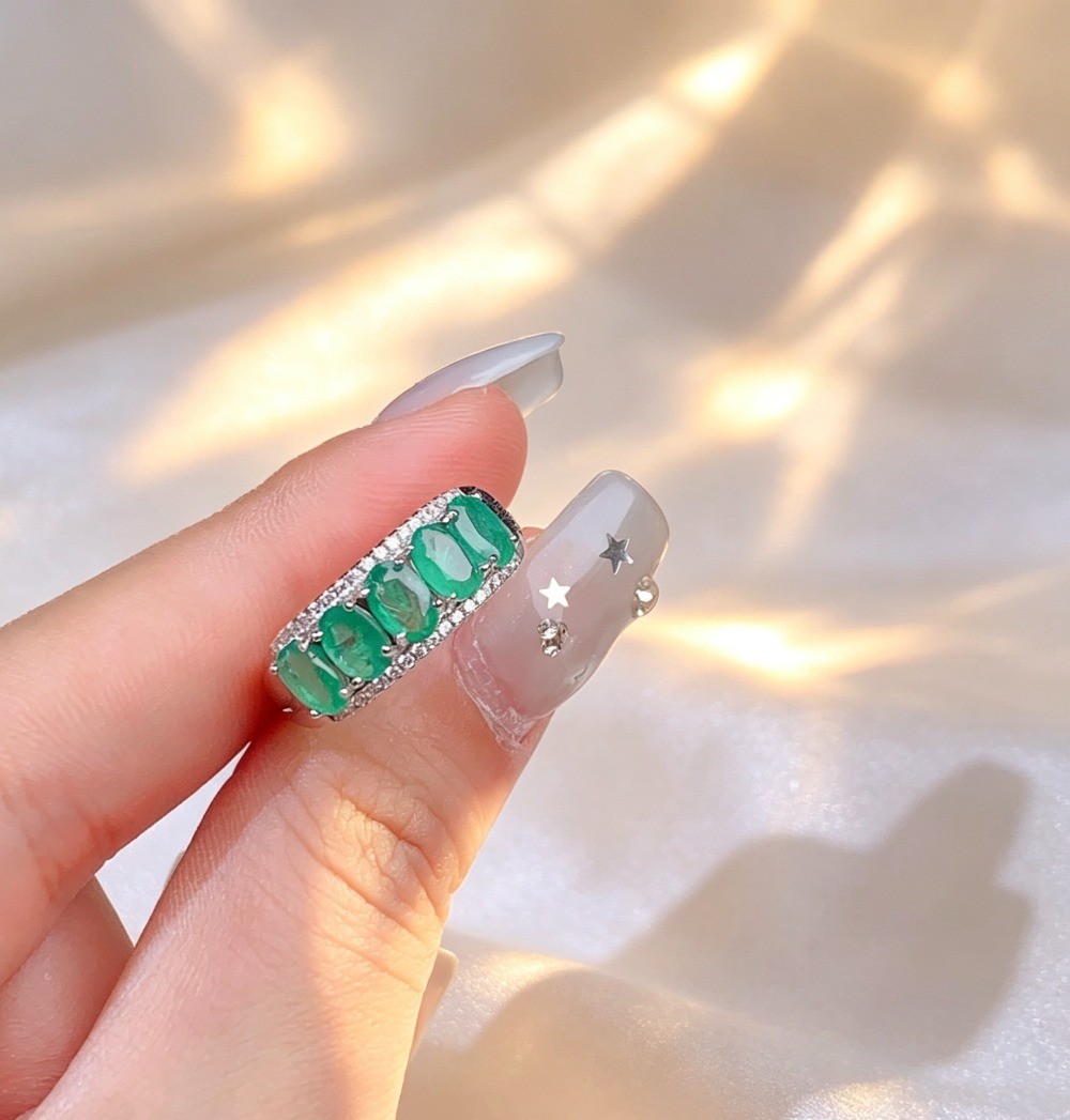 Natural Emerald open Adjustable ring Gemstone S925 Silver Plated18K Gold Gift