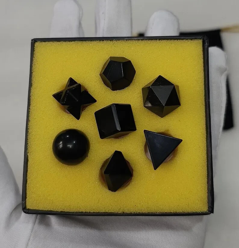 AAA Black Obsidian Platonic Solids Set 7pcs Natural Crystal Sacred Geometry