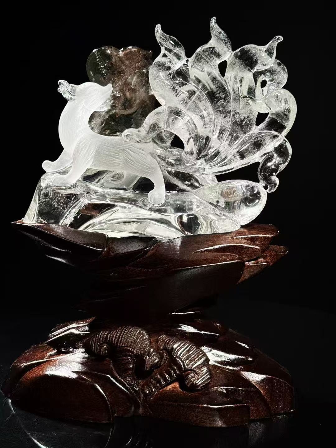 3.31LB Natural Garden quartz Carved Nine-tailed fox Skull Crystal Decor+Stand