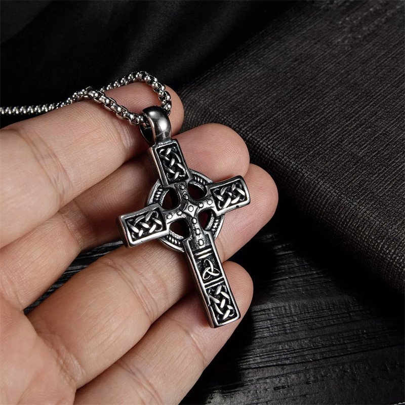 Mens Irish Celtic Trinity Knot Cross Pendant Necklace Stainless Steel Set 1PC