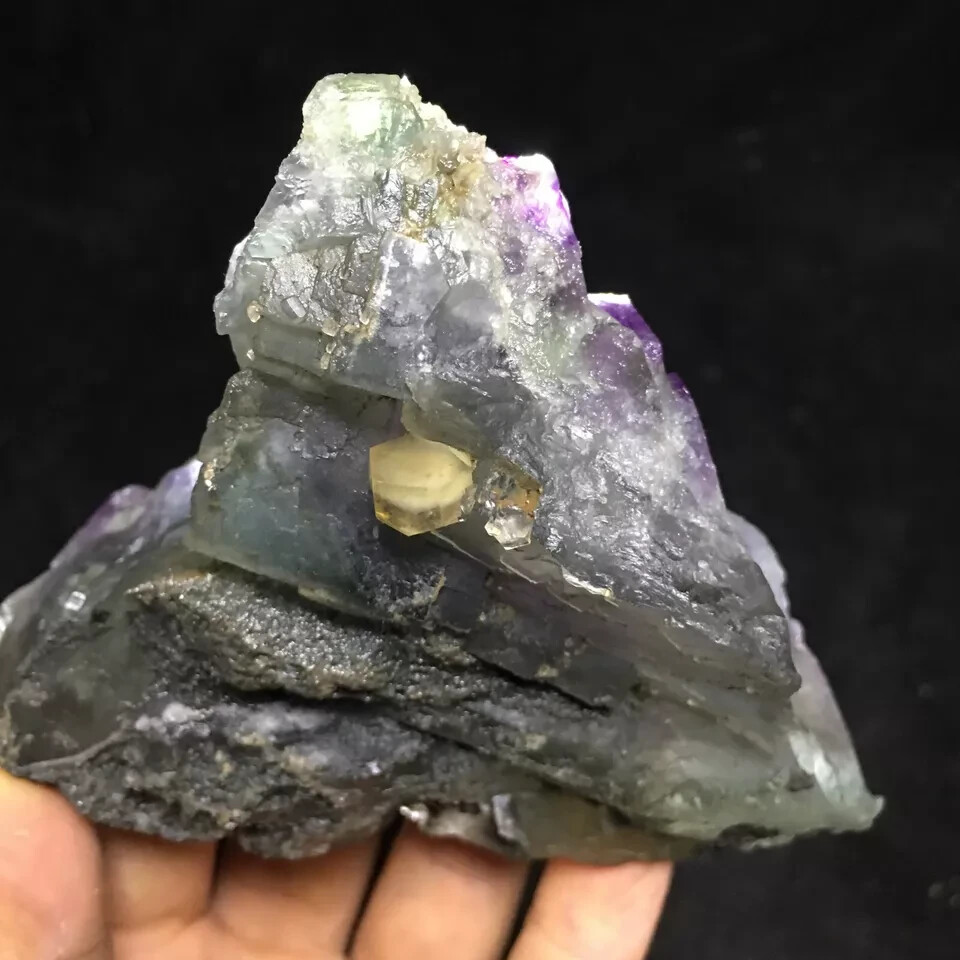 420g Natural purple-green translucent fluorite with yellow calcite symbiosis