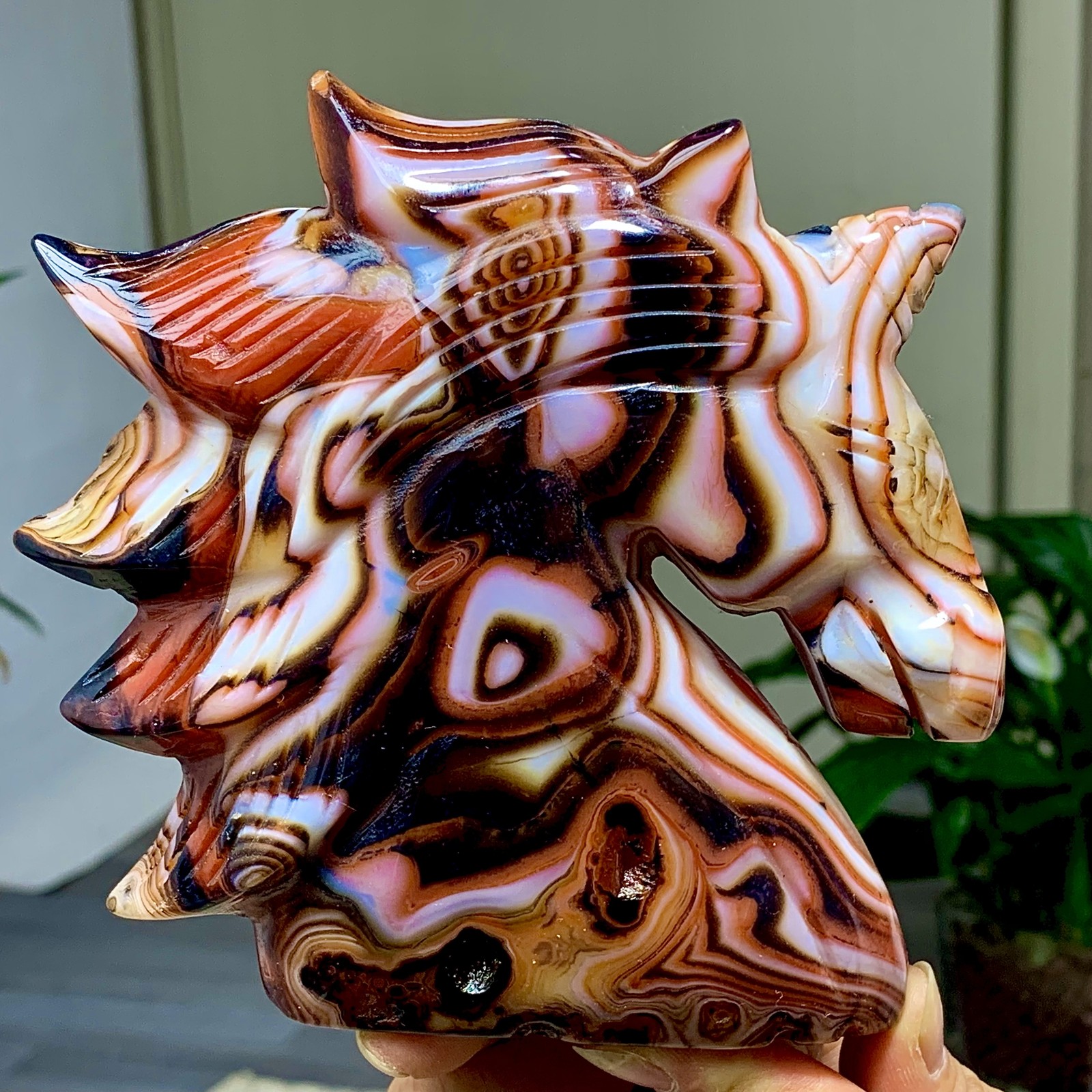 789G Natural Red Black Striped Agate Crystal Carving unicorn Madagascar Mineral