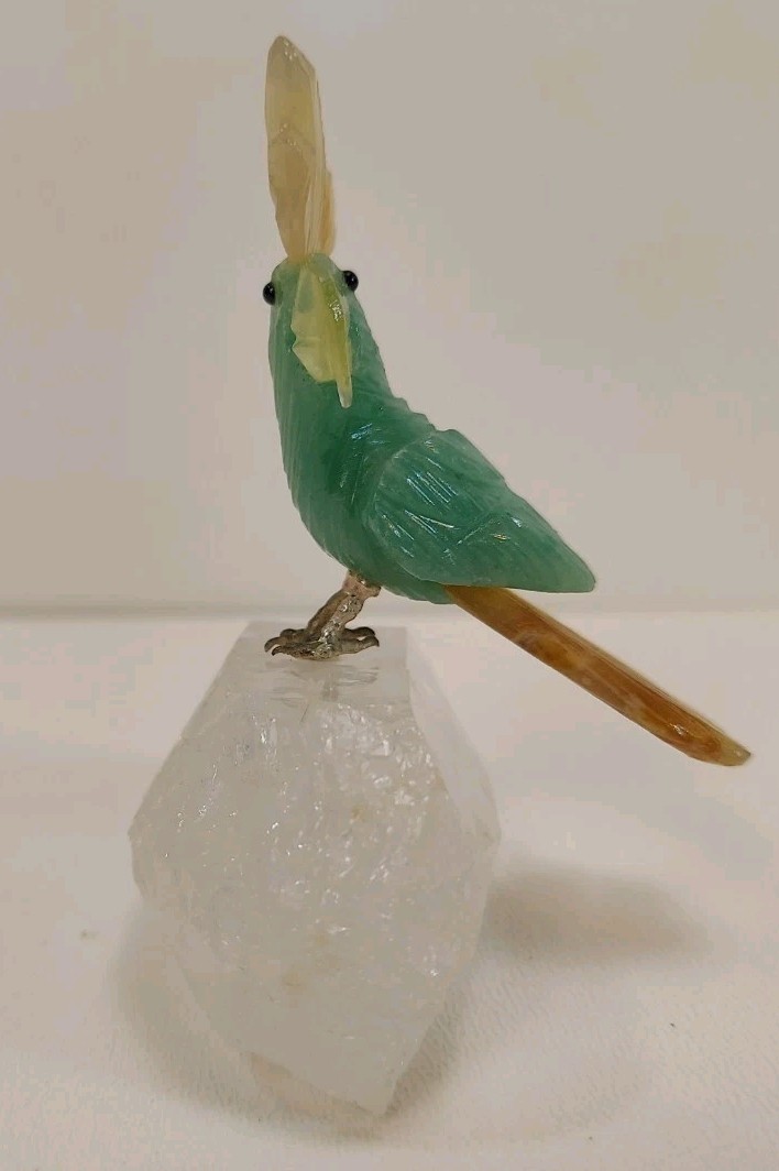 VTG Bird Figurine Jade & Quartz Stone Cockatoo Carving Handmade Brazil Gemstone