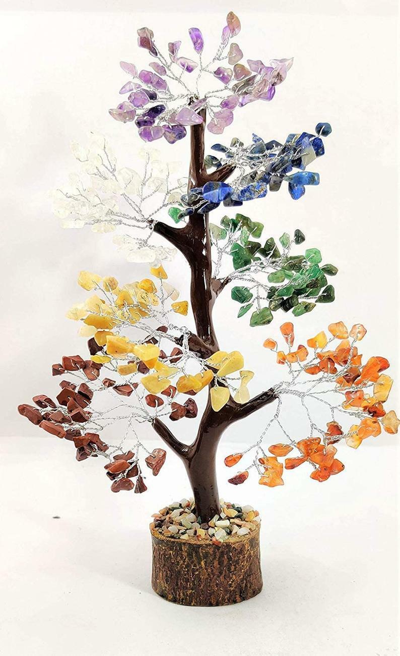~2 Pieces Seven Chakra Healing Crystal and Stones Bonsai Silver Wire Money Tree~