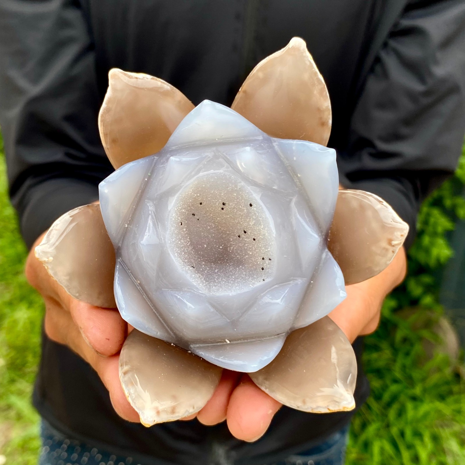 441G Natural Agate Geode Carved Lotus Flower, Hand Carved Healing Crystal Hom