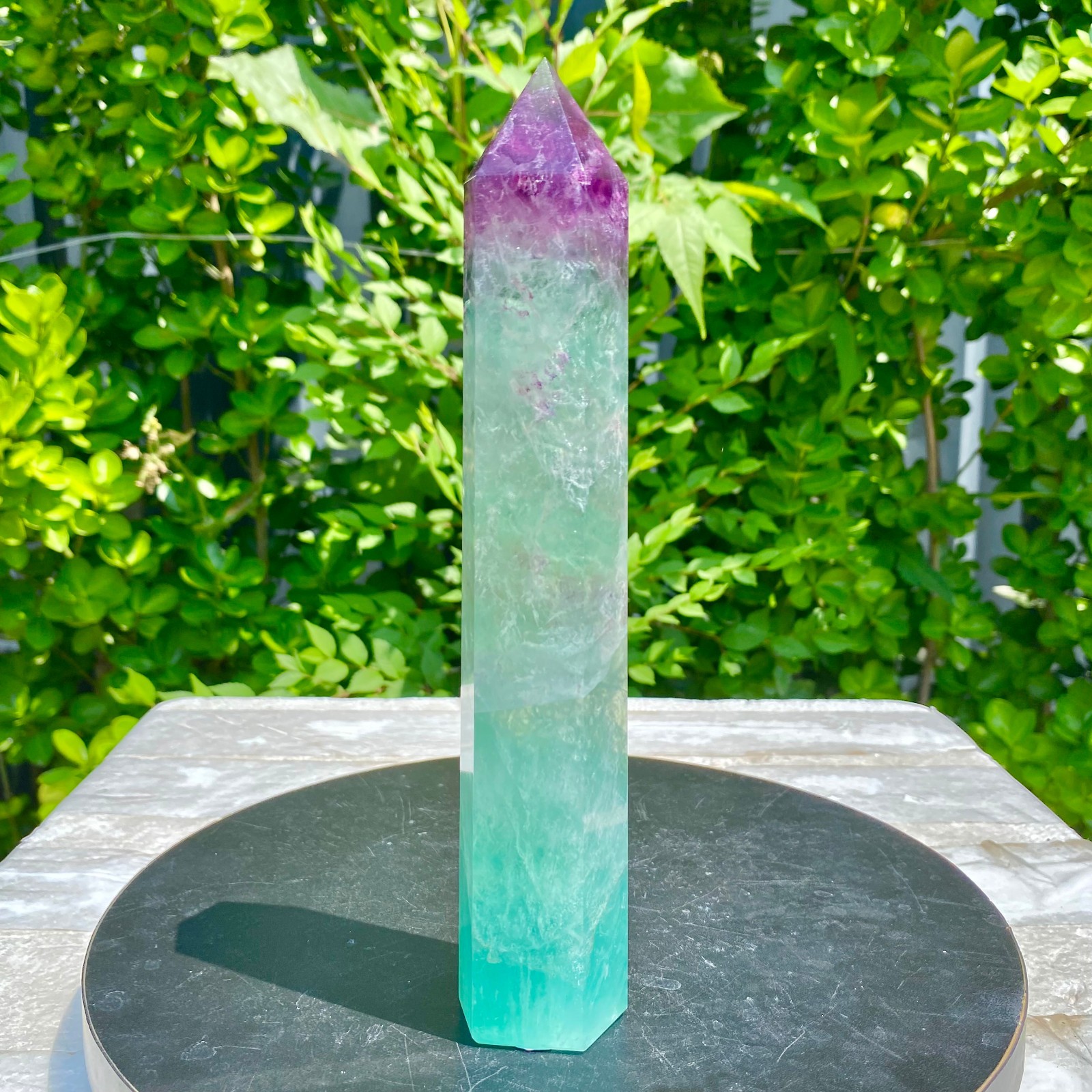 1.38LB Natural Rainbow Fluorite Obelisk Quartz Crystal Wand Tower Point Heal