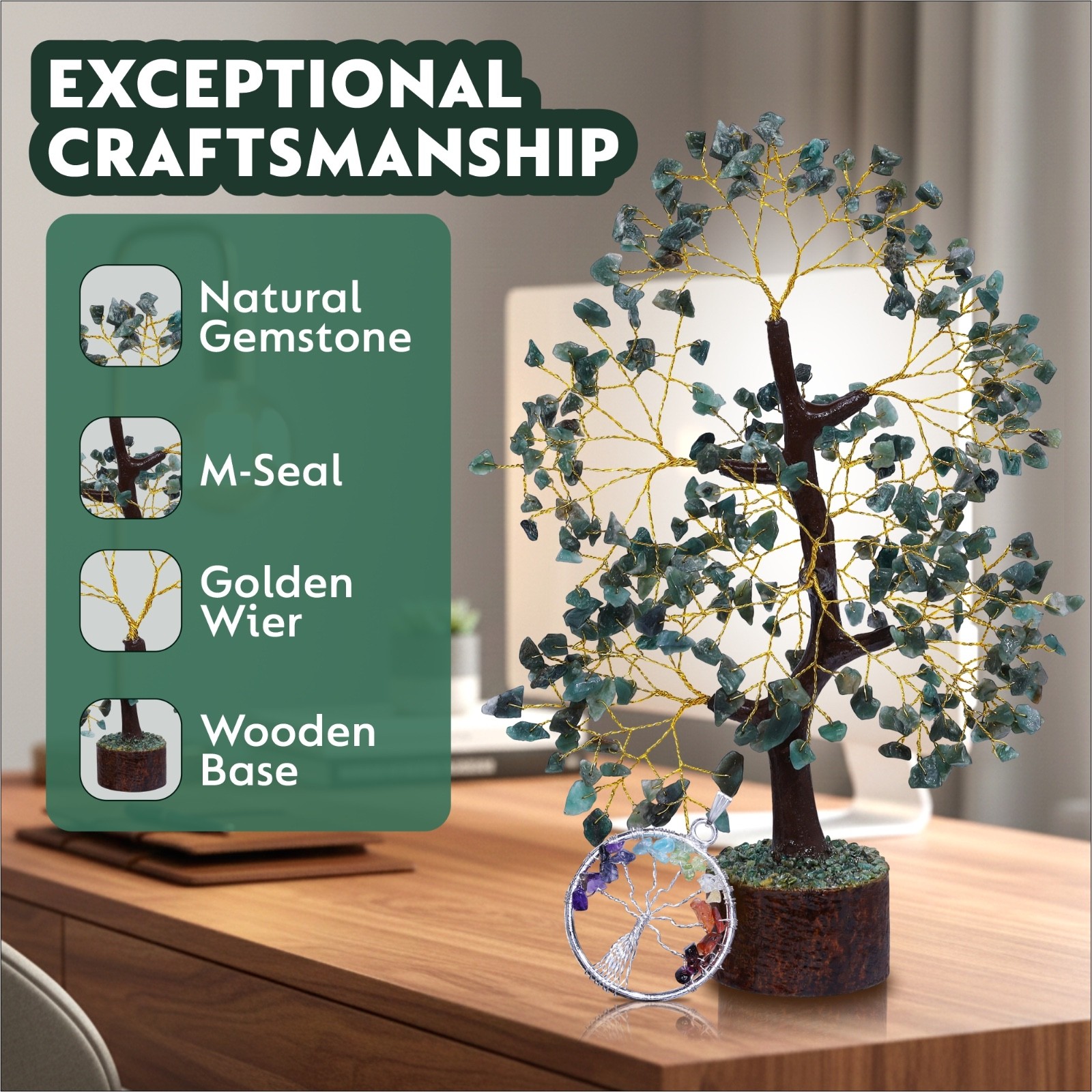 Green Aventurine Tree Set 300 Beads Gemstone Bonsai Gold Wire Bracelet & Pandent