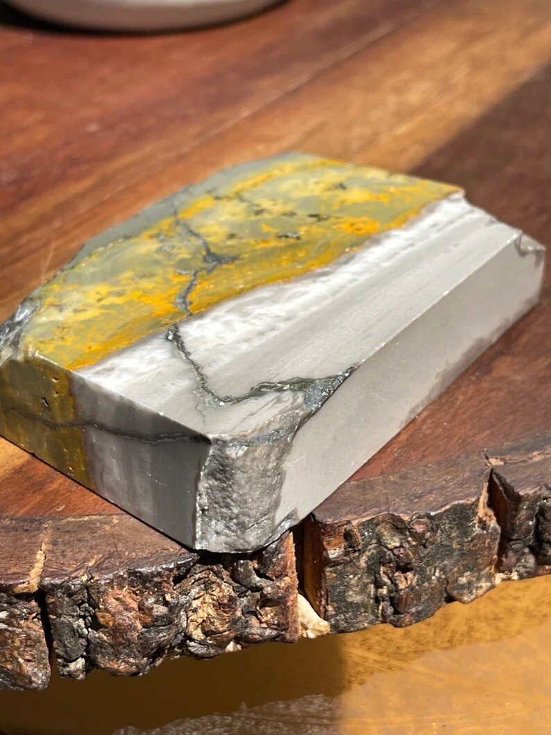 Natural Bumblebee Jasper Slab With Raw Edge Lapidary Stone Yellow Grey Crystal