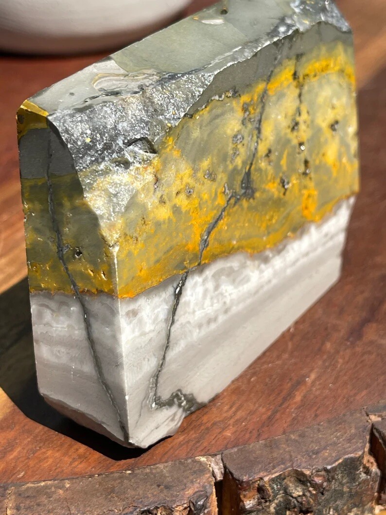 Natural Bumblebee Jasper Slab With Raw Edge Lapidary Stone Yellow Grey Crystal