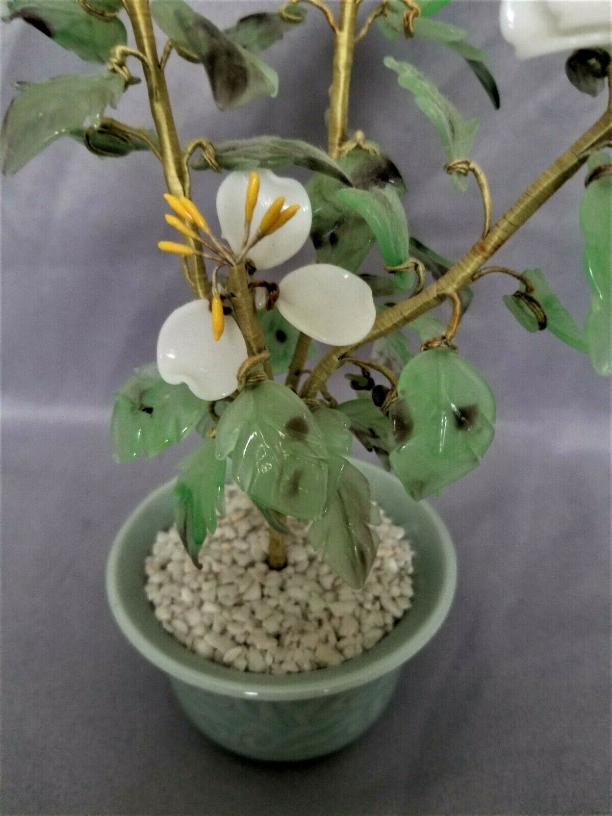 Chinese Dogwood Tree Hardstone / Crystal in Celedon Pot signed China Jade Tree