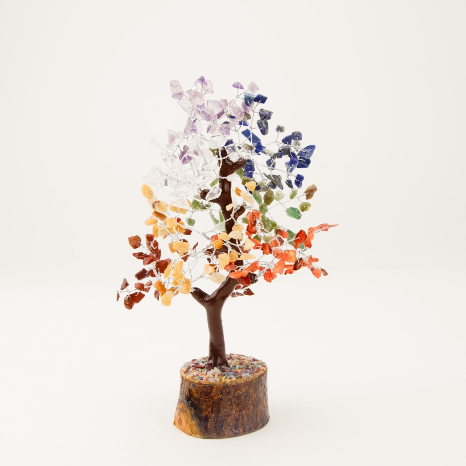 Multi Gemstone Tree Sculpture With Handcrafted Wire Branches & Wooden Base