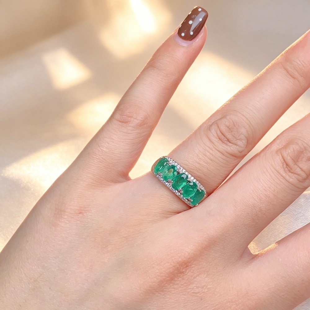 Natural Emerald open Adjustable ring Gemstone S925 Silver Plated18K Gold Gift