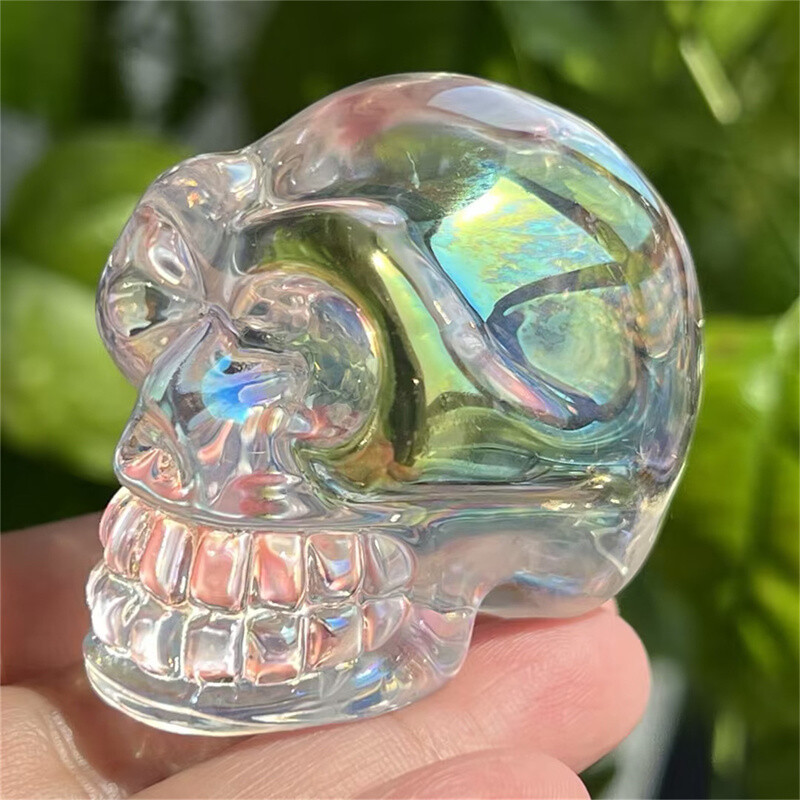 2″ titanium white colorful aura smelting quartz skull crystal skull Figurines1pc