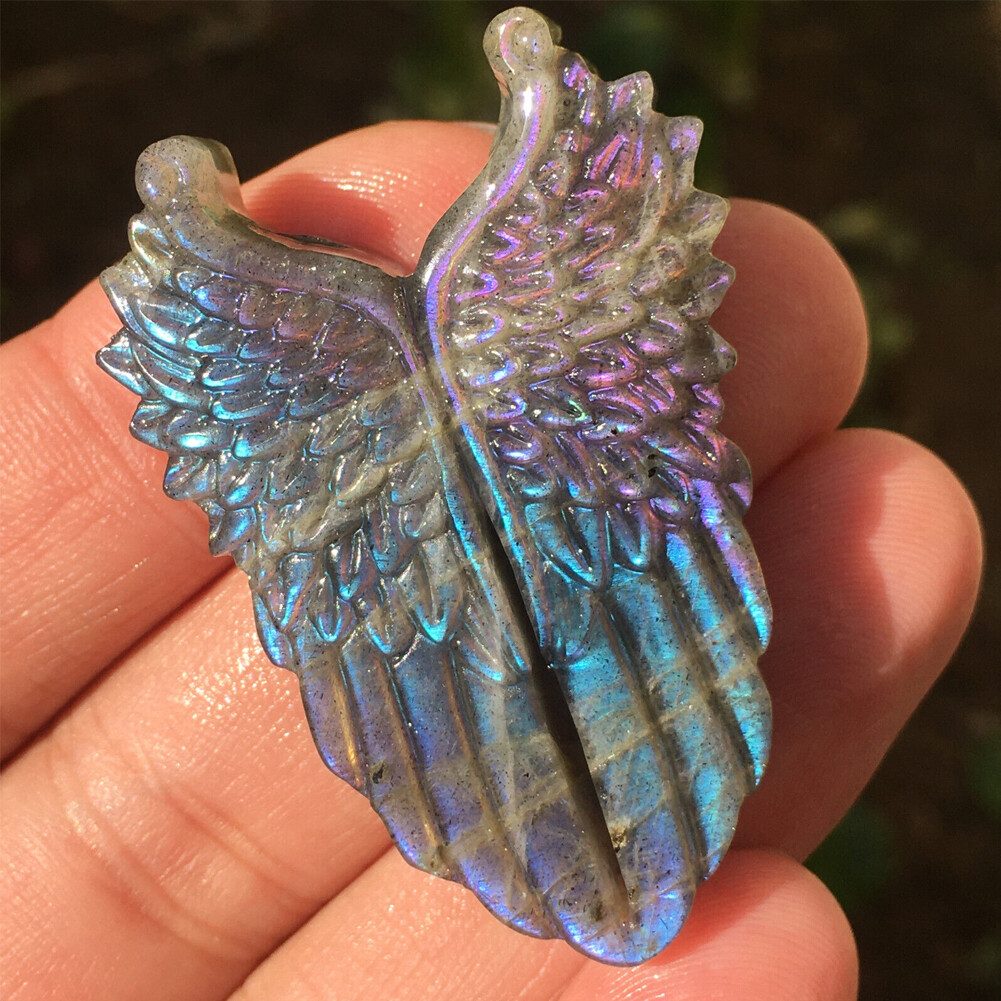 1PCS Natural Purple Labradorite Quartz Hand carved Wing Crystal Reiki healing##