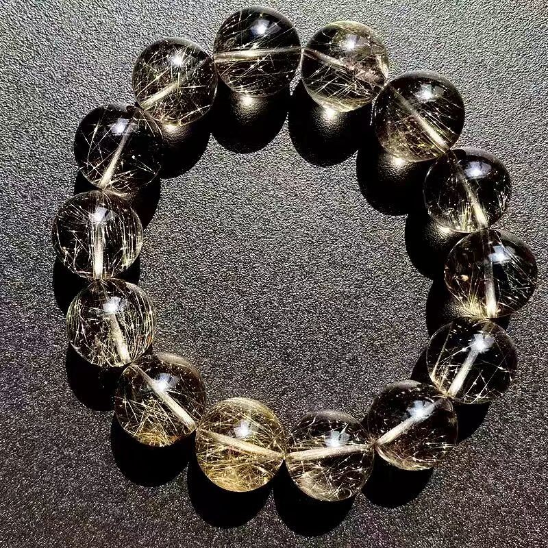 Natural Silver Rutilated Quartz Crystal Round Beads Bracelet 15mm AAA