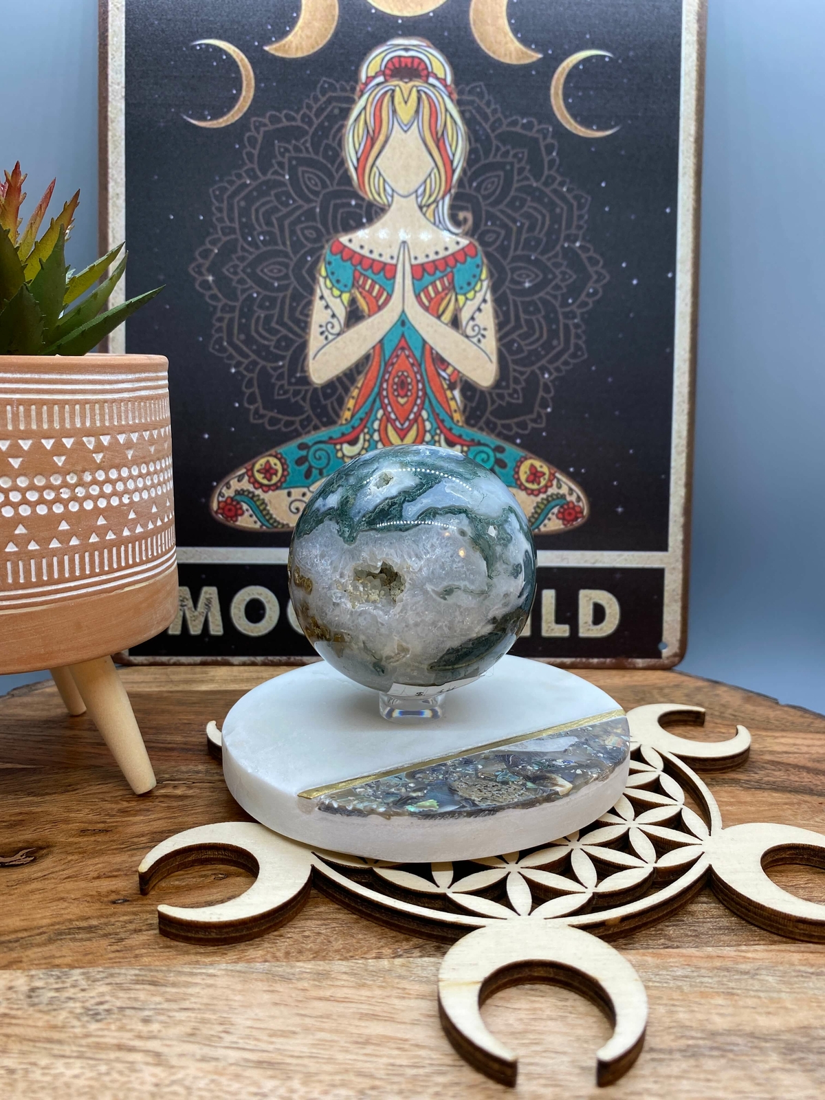 292 Gram Green Moss Agate 2.3 Inch Sphere with Druzy and Vugs