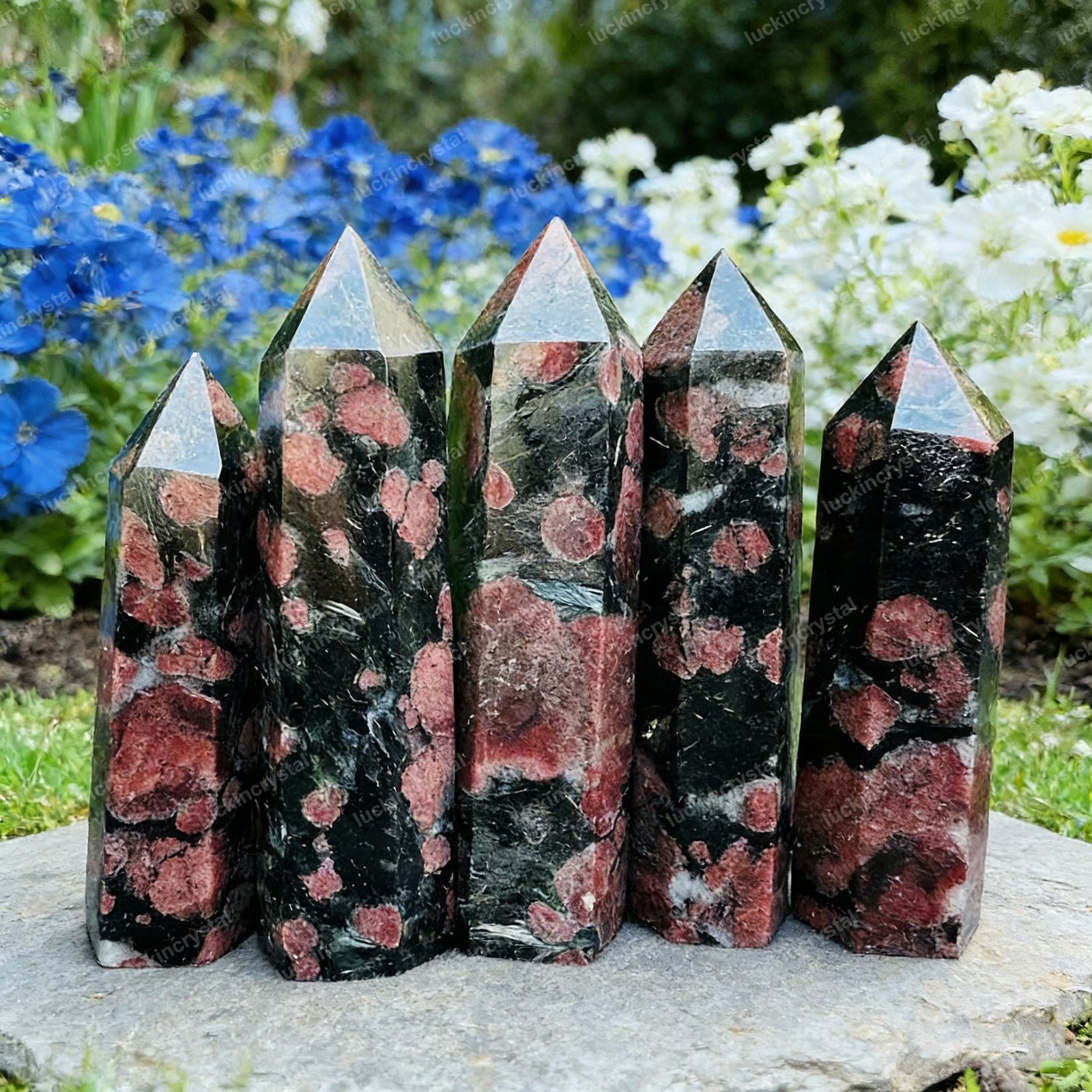 Garnet in Arfvedsonite Stone Tower Point Healing Crystal Wand Decor Collection