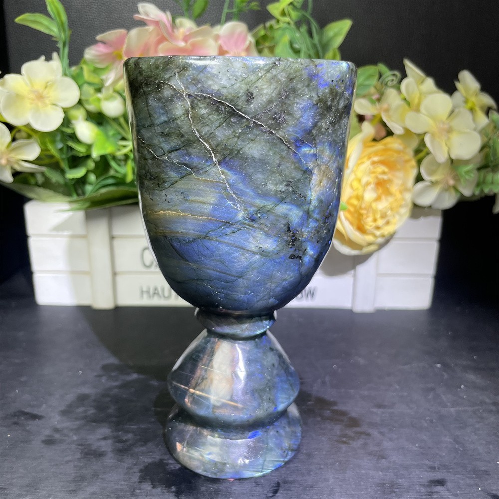 1.8LB 5.9″ Natural A+++Blue Flash Cup Carved Crystal Quartz Reiki Decor Reiki