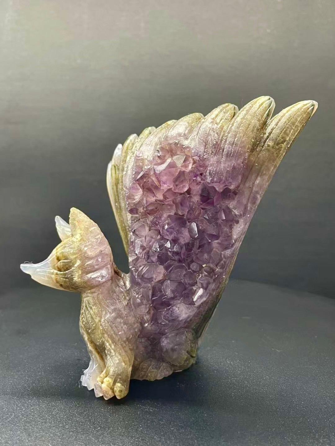 4.0” Natural agate Amethyst Geode Hand Carved Nine-tailed Fox Quartz Crystal