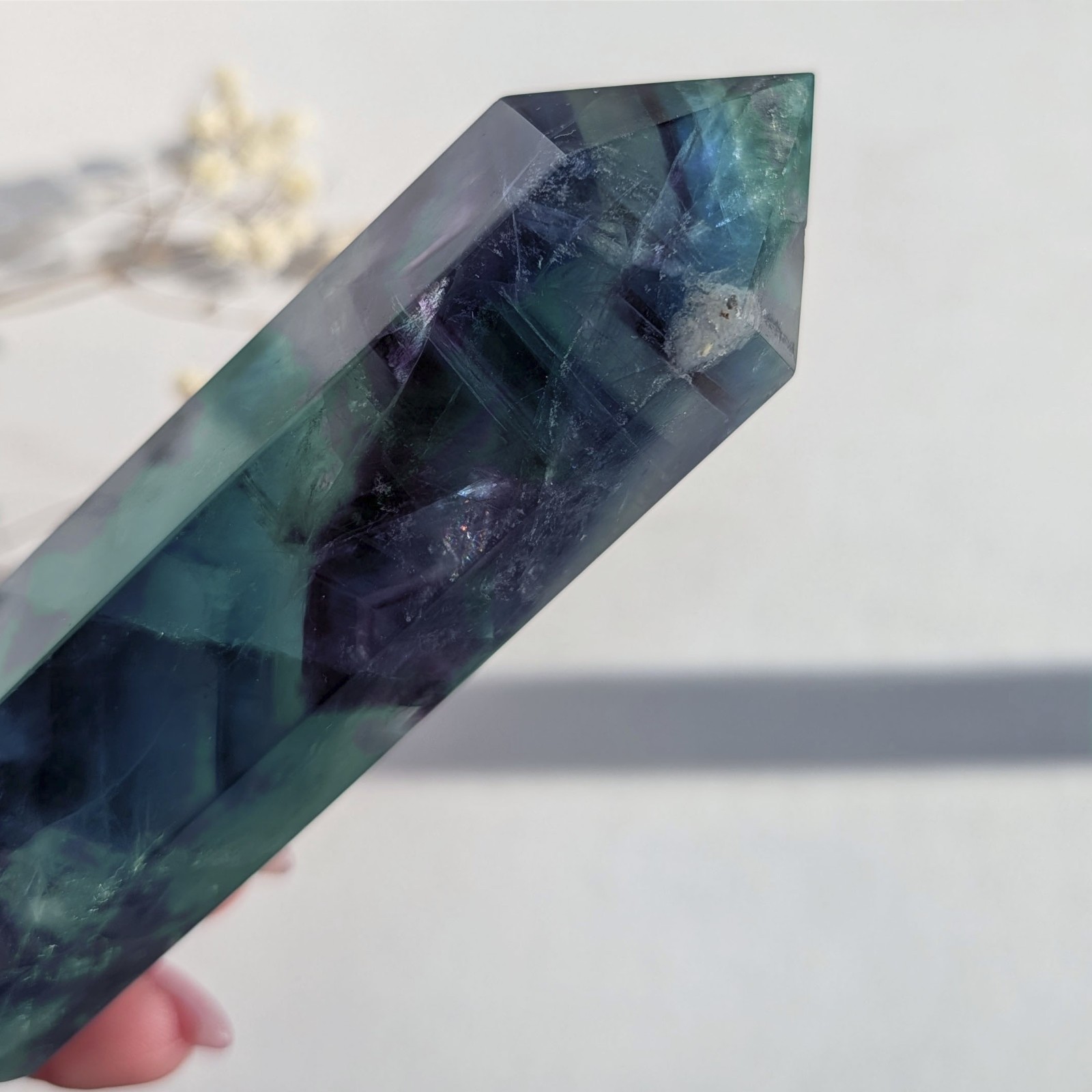 4″ rainbow fluorite tower, teal purple green blue fluorite crystal generator