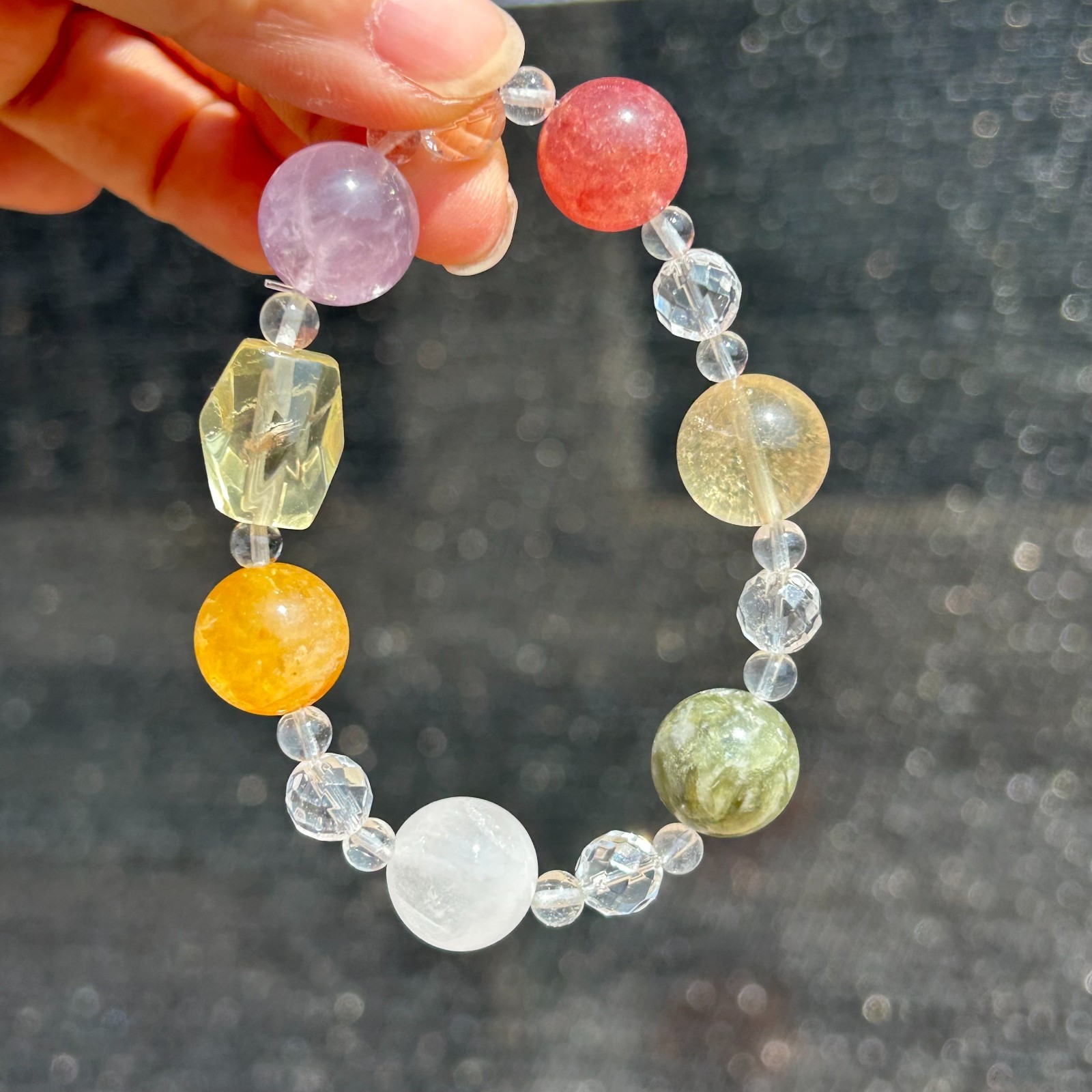 Natural Mix Quartz Healing Round Bead Crystal Elastic String Bracelet 15mm