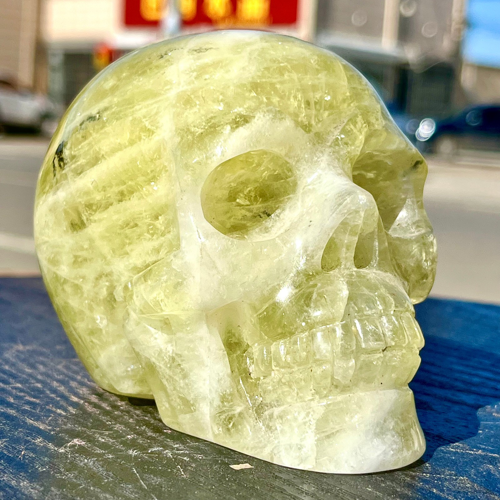 2.24LB Rare natural yellow crystal hand carved skull spiritual ornament