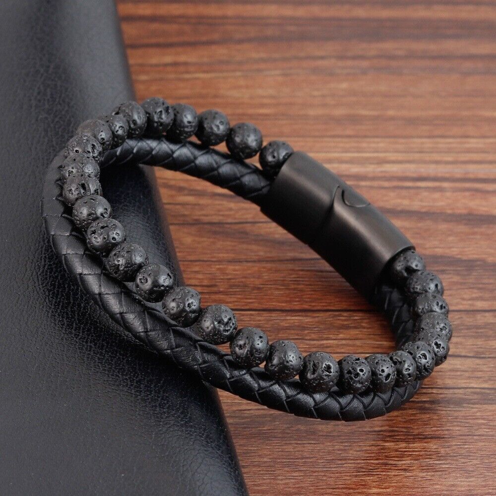 Men’s Lava Rocks Stone Handmade Braided Leather Bracelet Magnetic Clasp Bangle