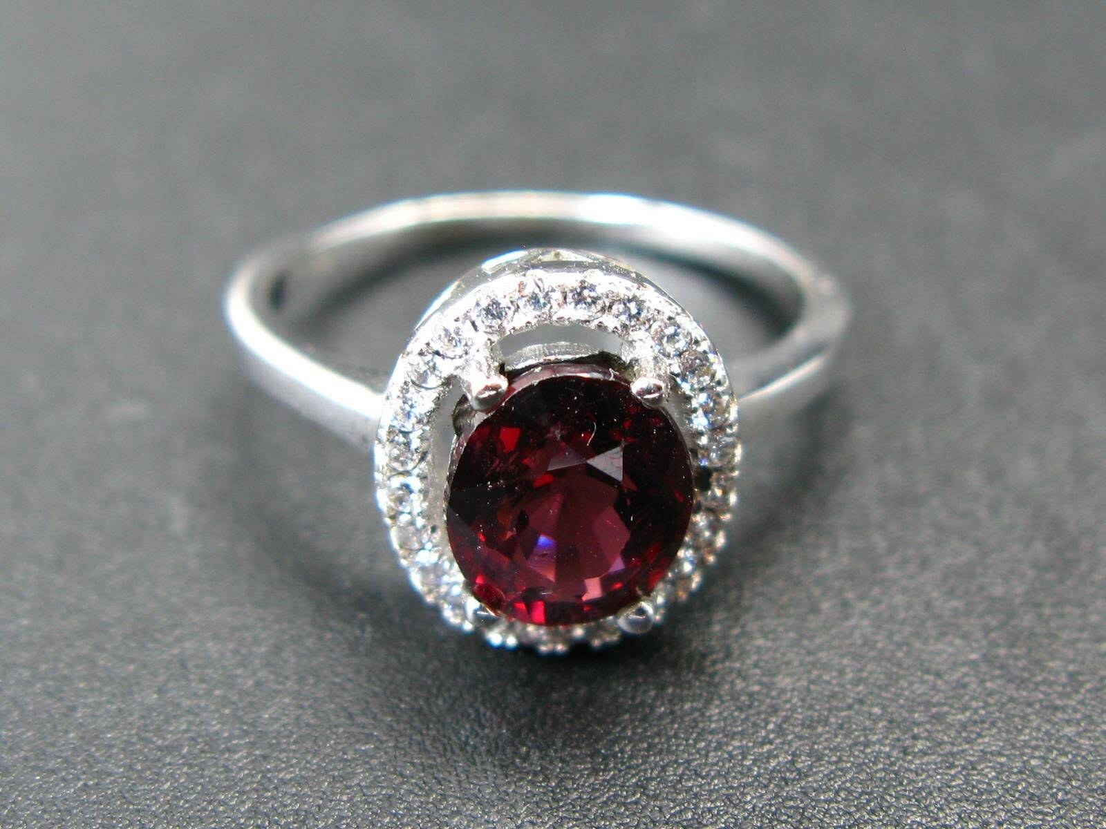 Red Garnet Rhodium Plated Sterling Silver Ring with CZ – Size 6.5
