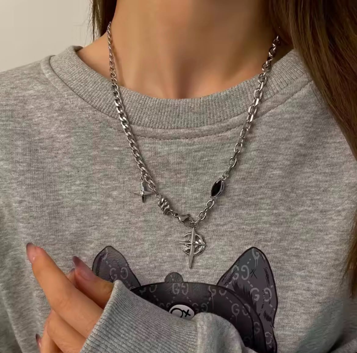 Gothic Star Necklace Silver Chain Y2K Celestial Moon Pendant Trendy Jewelry Gift