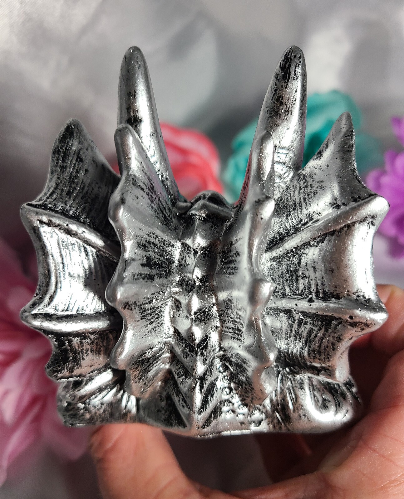 5″ Detailed Silver Dragon Head Skull Sphere Stand Crystal Ball Orb Holder Statue