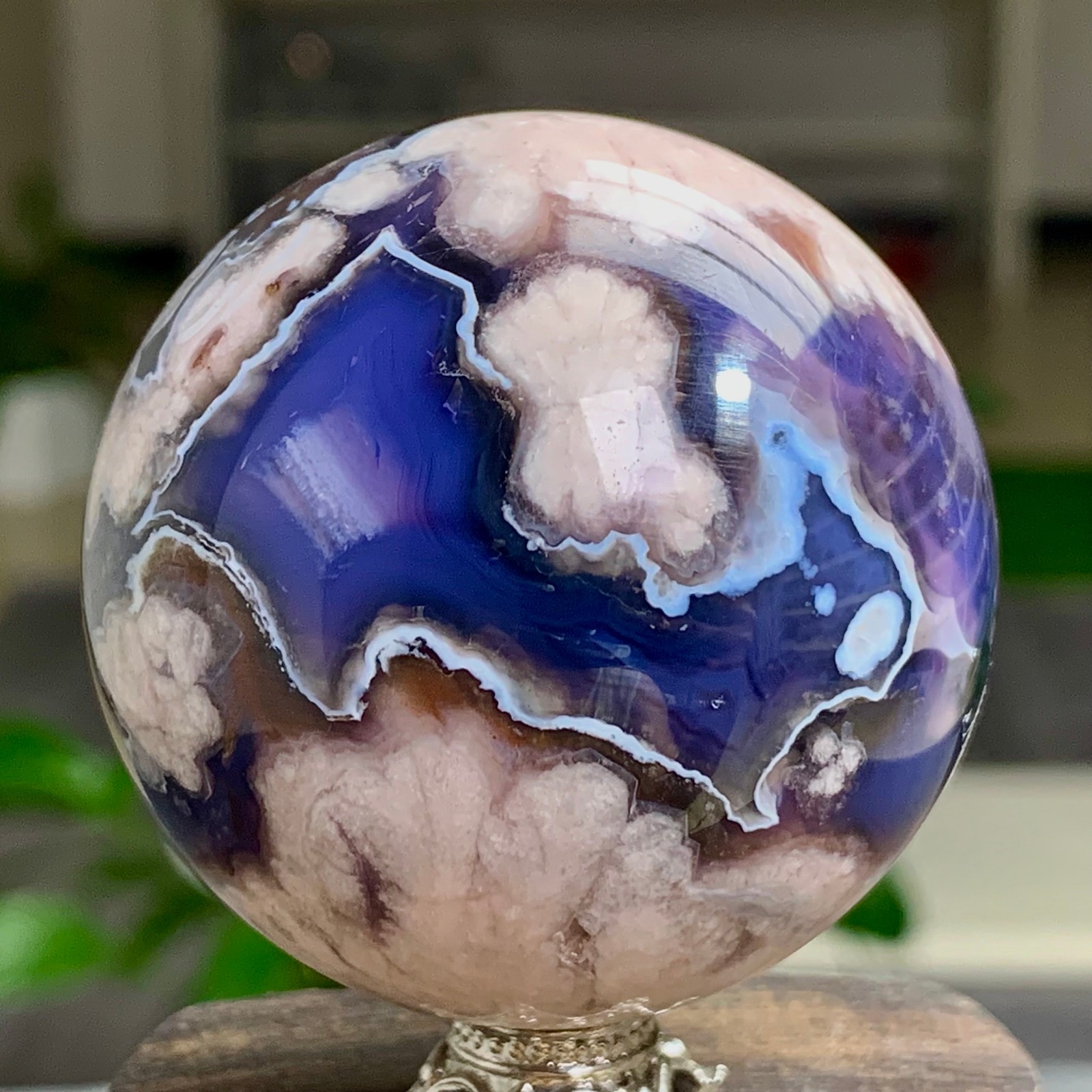 168G Natural blue cherry blossom agate Sphere Crystal Ball Healing